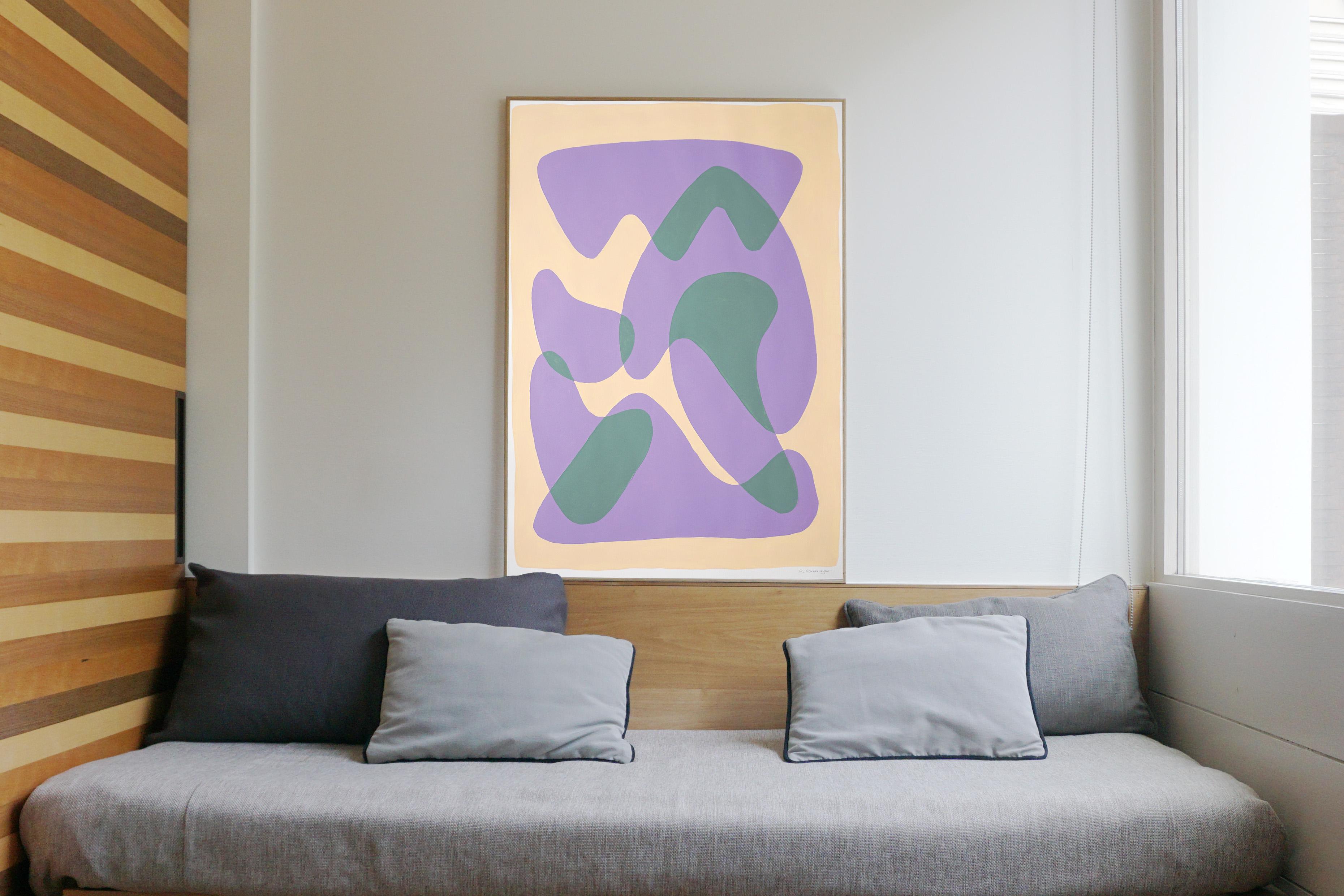 Modern Native Shapes in Mauve and Green, Tan Background, Mid-Century Style, 2022 - Painting by Ryan Rivadeneyra