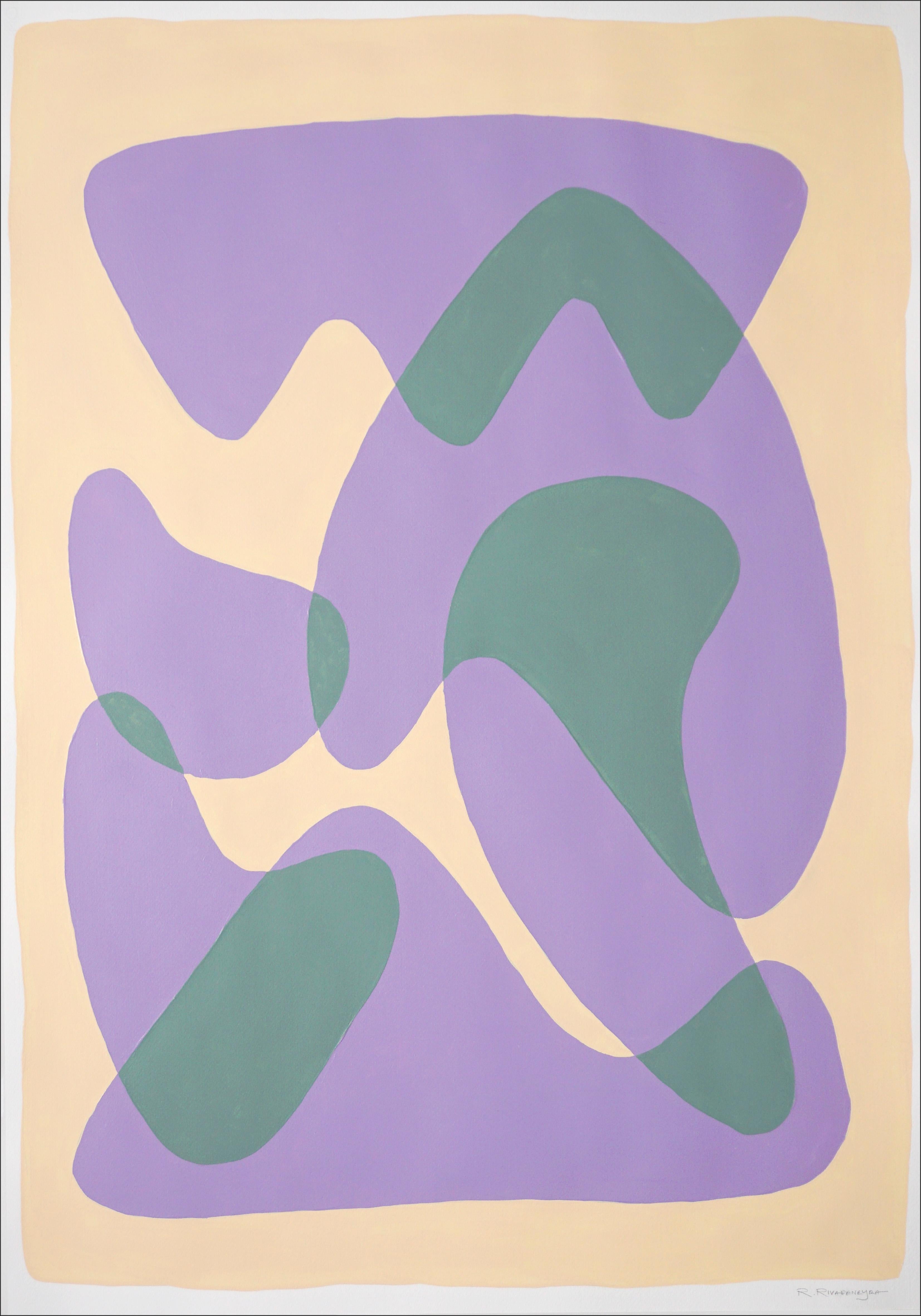 Ryan Rivadeneyra Figurative Painting - Modern Native Shapes in Mauve and Green, Tan Background, Mid-Century Style, 2022