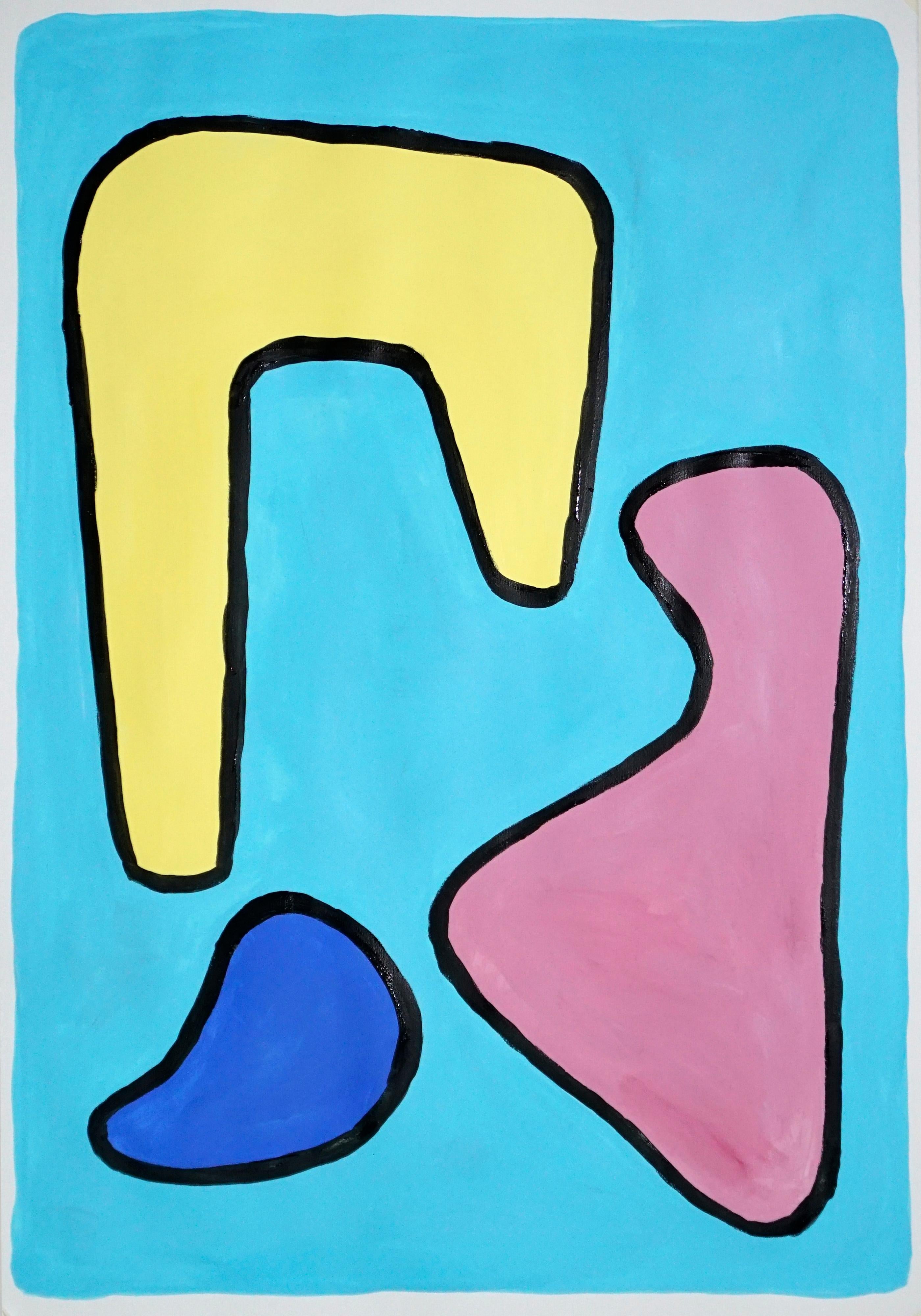 Modern Shapes in Primary Colors, Abstract Vivid Painting on Paper, Naïf Style