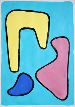 Modern Shapes in Primary Colors, Abstract Vivid Painting on Paper, Naïf Style