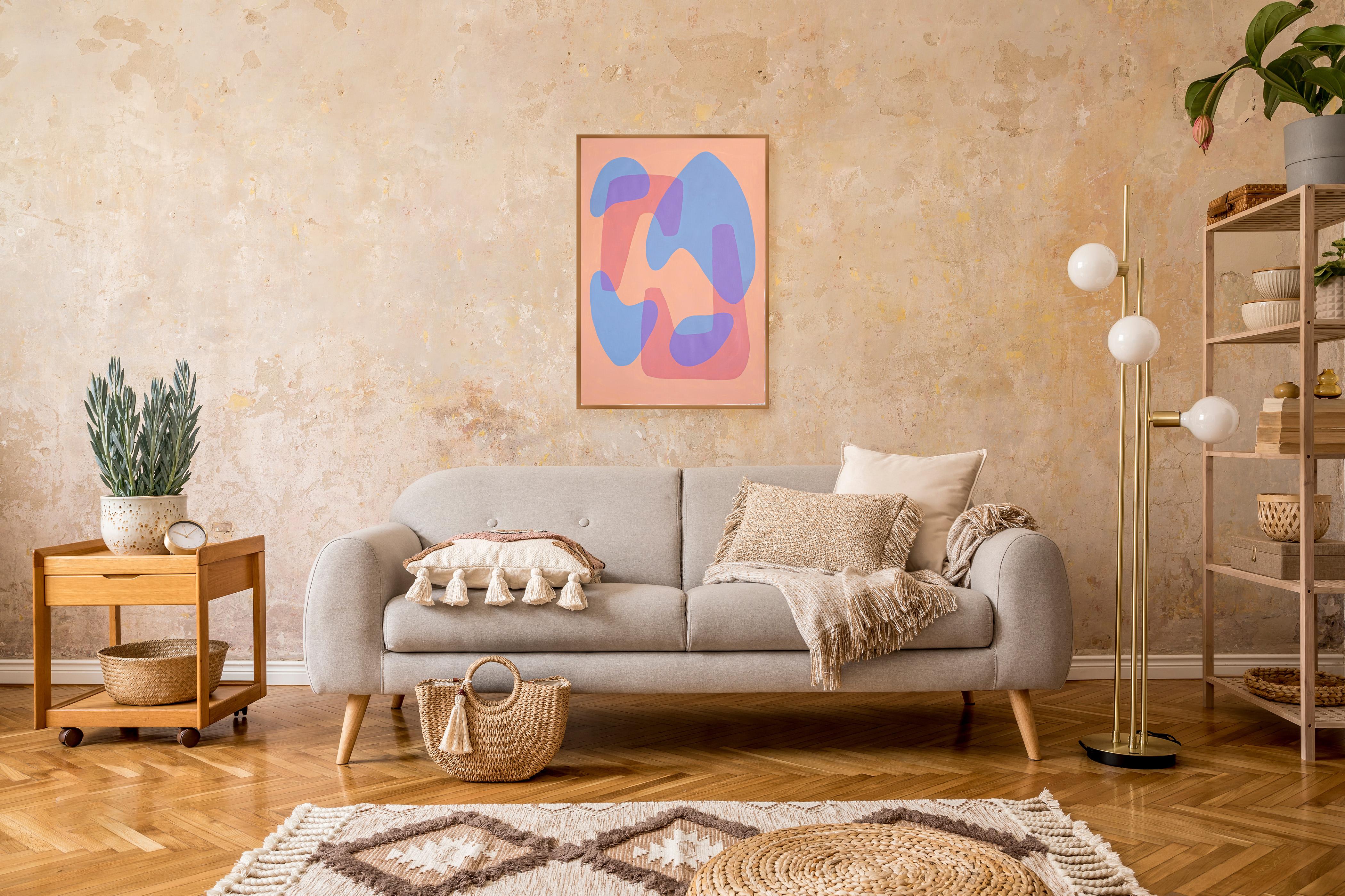 Questo è un dipinto acrilico realizzato a mano su carta di alta qualità da 300 grammi dall'artista Ryan Rivadeneyra. Questi dipinti, influenzati dagli artisti modernisti degli anni '50, '60 e '70, esplorano forme geometriche astratte e trasparenze