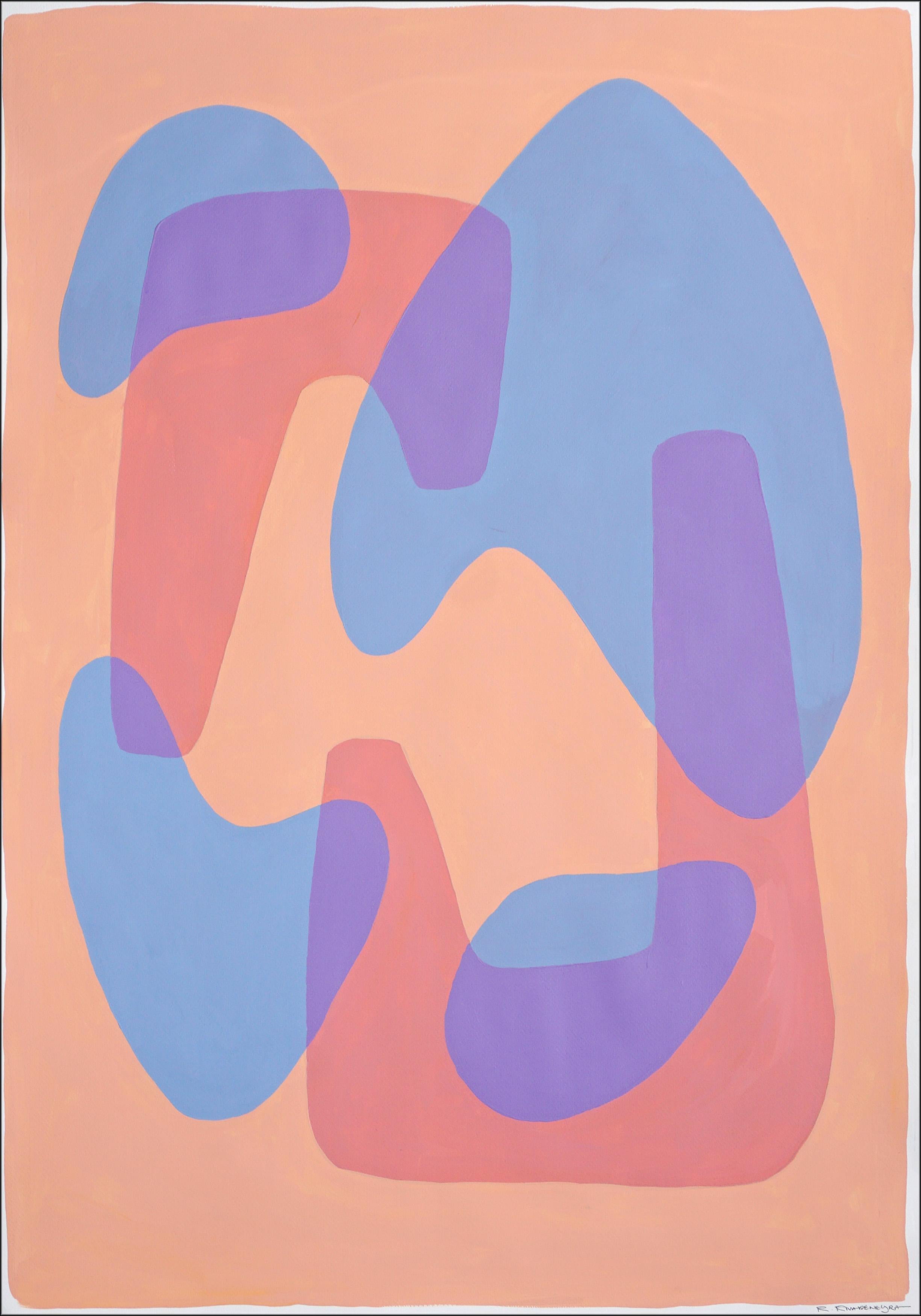 Pintura moderna de formas en tonos pastel, formas abstractas suaves, rosa, azul