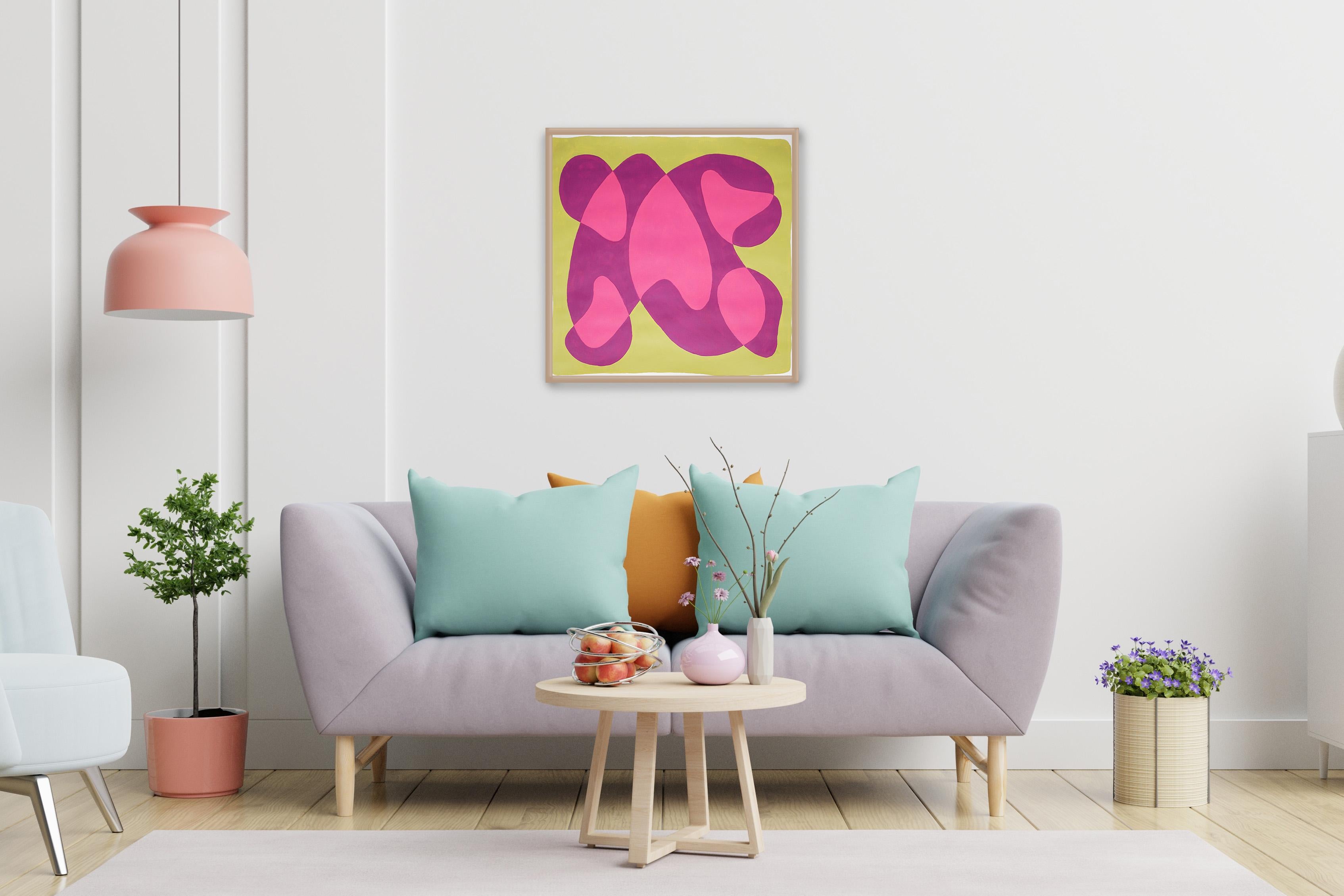 Modernist Garden, Pink and Green Complementary Tones, Organic Shapes Shades - Painting by Ryan Rivadeneyra