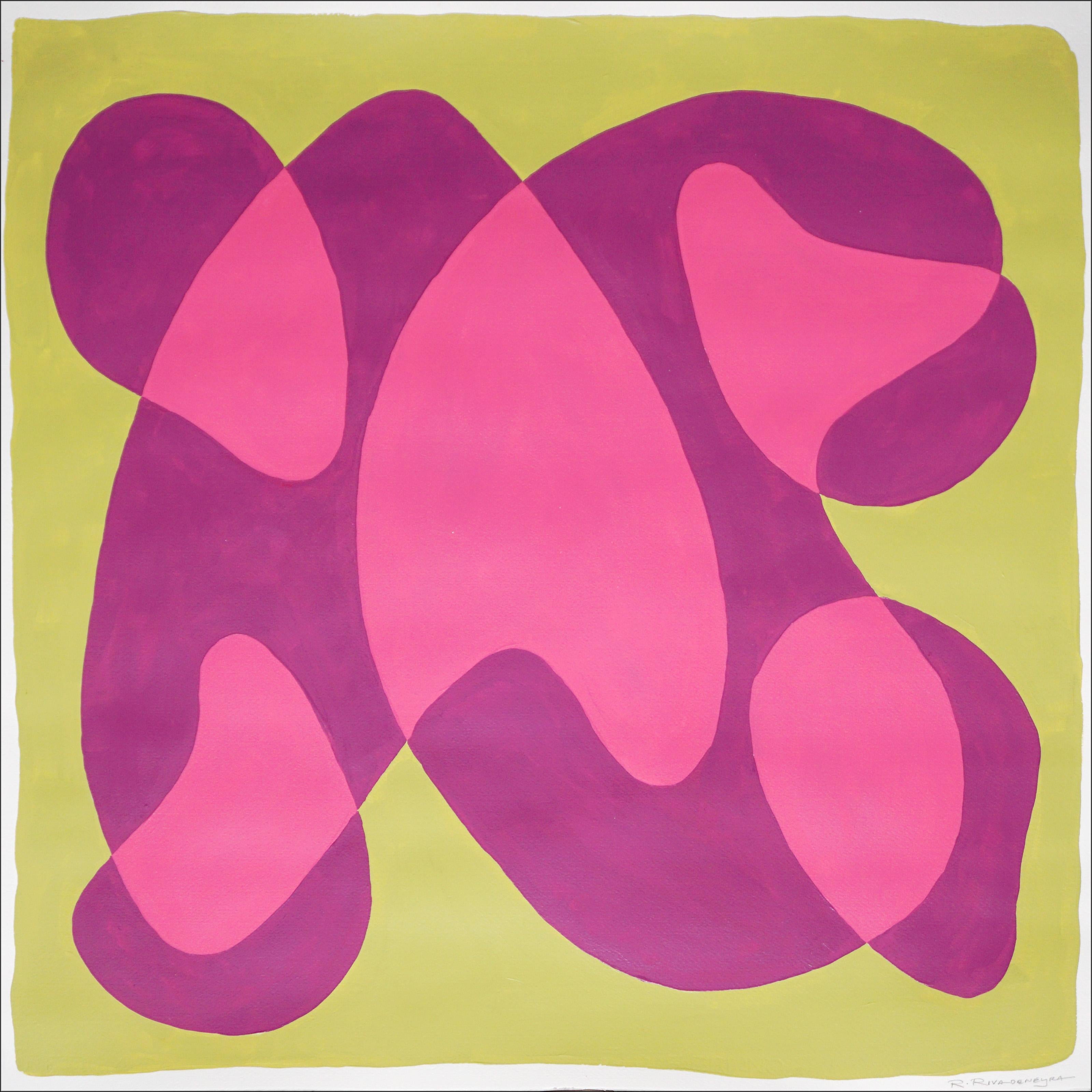 Ryan Rivadeneyra Abstract Painting - Modernist Garden, Pink and Green Complementary Tones, Organic Shapes Shades