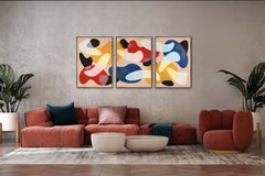 Mid-Century Modern Shapes Triptych in Primary Tones, Red, Blue, Shapes on Tan