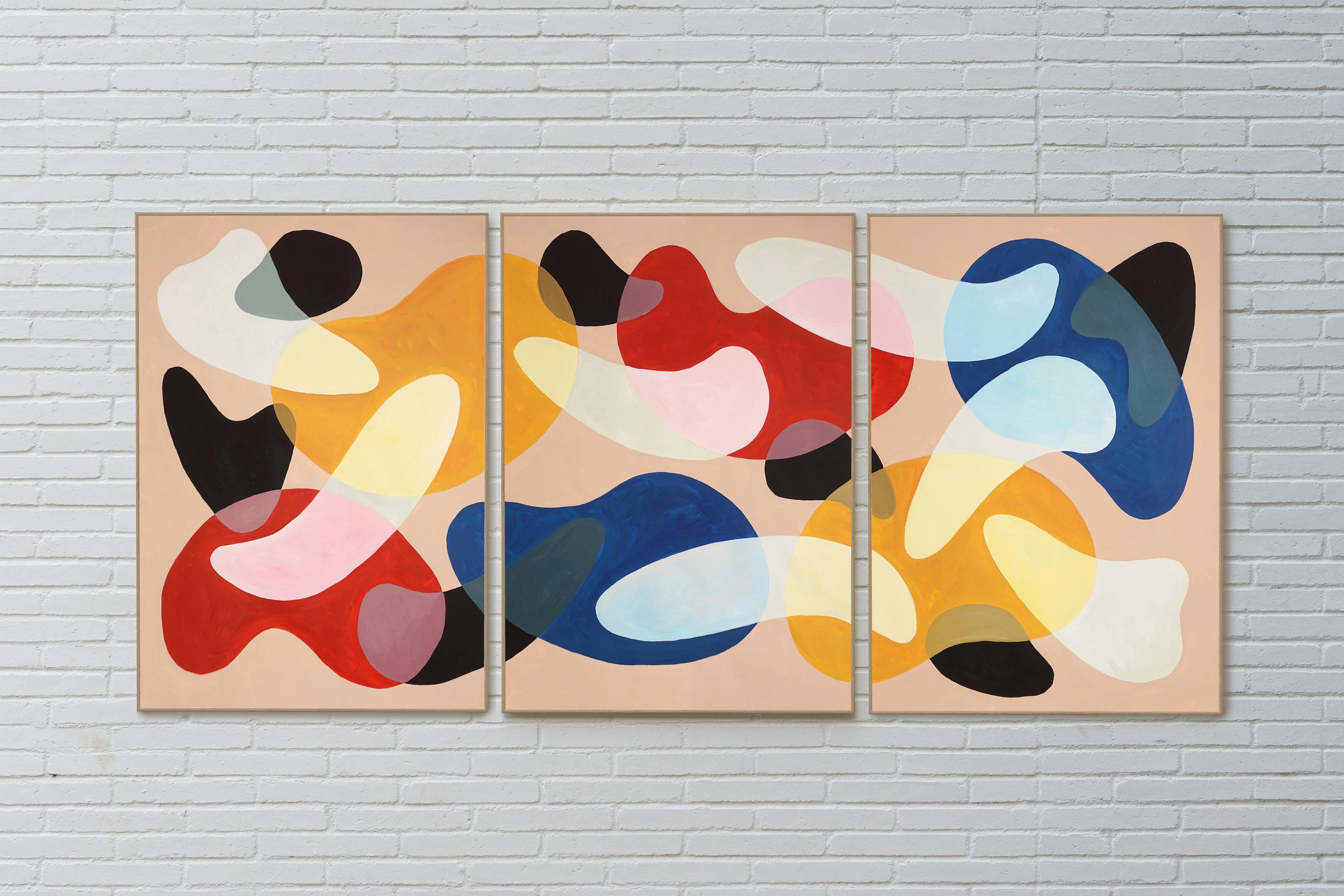 Modernist Primary Tones Triptych, Red, Yellow, Blue Abstract Midcentury  Shapes - Beige Abstract Painting by Ryan Rivadeneyra