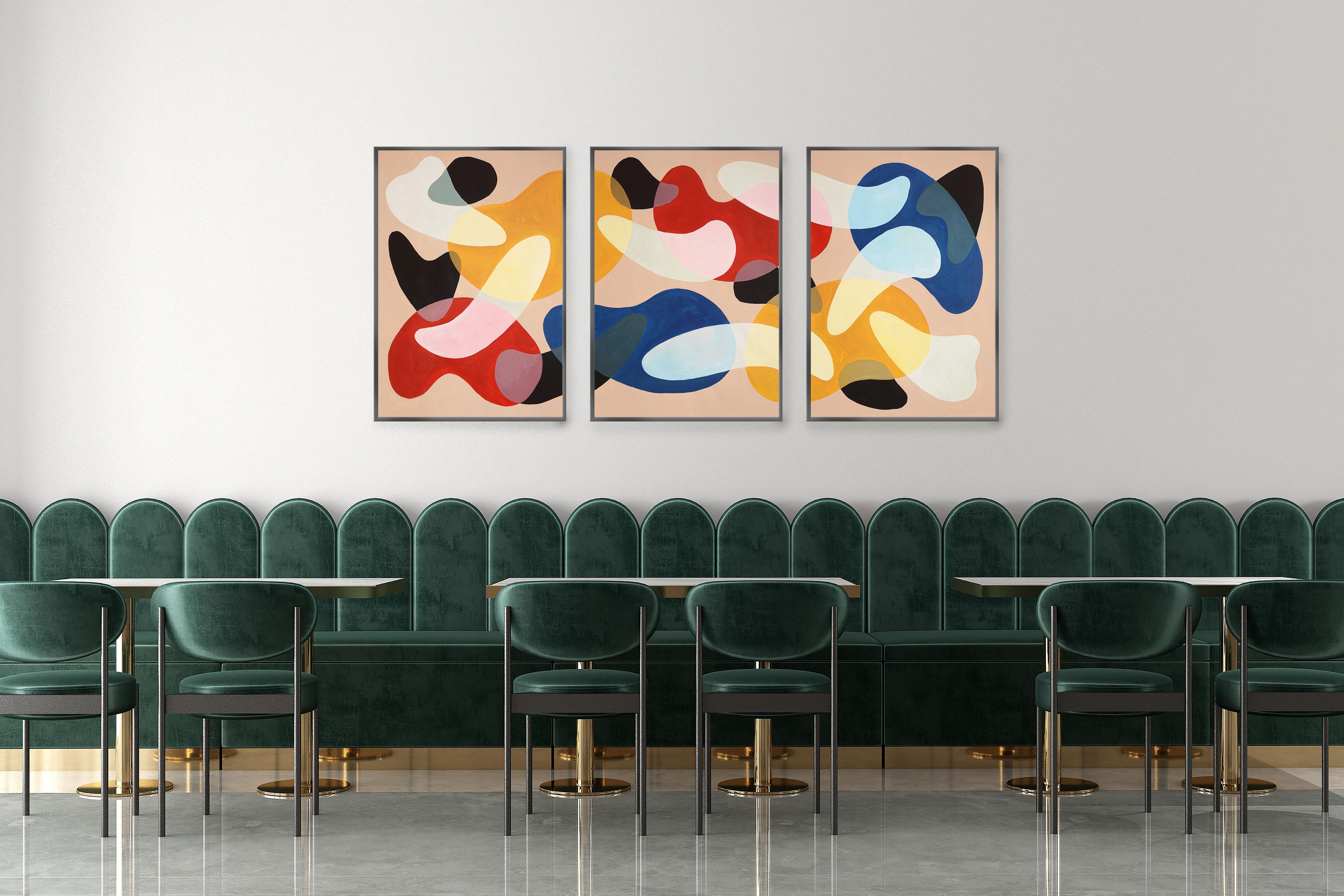 Triptyque de tons primaires moderniste, rouge, jaune, bleu abstrait, milieu du siècle dernier  Formes en vente 2