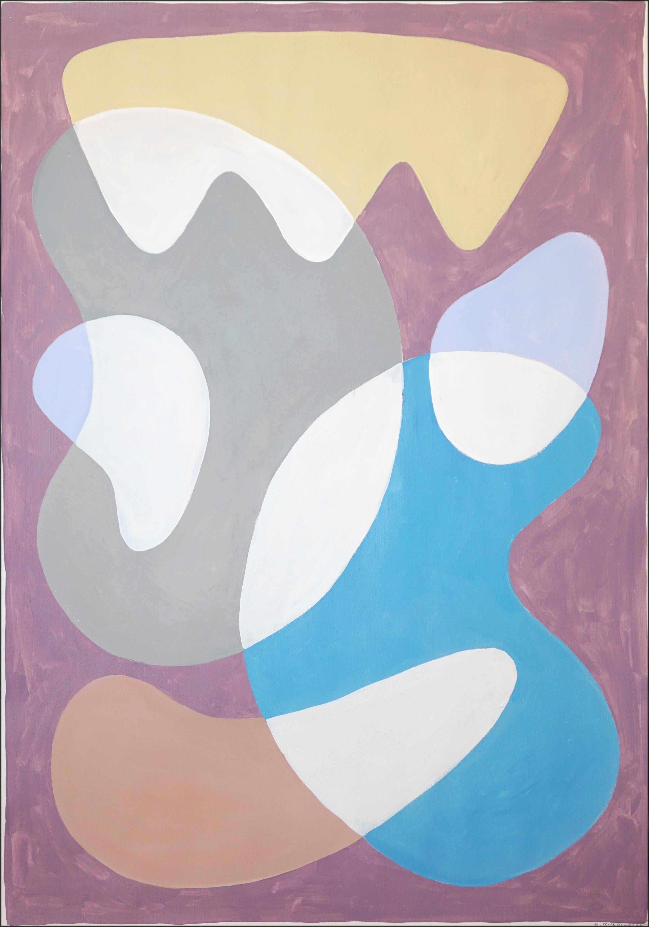 Modernist Shapes on Mauve, Mid Century Painting, Playful Floating Forms, Paper