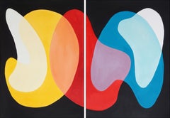 Night Lights, Color Theory Diptych Mid-Century Modern Shapes, Black, Red, Yellow