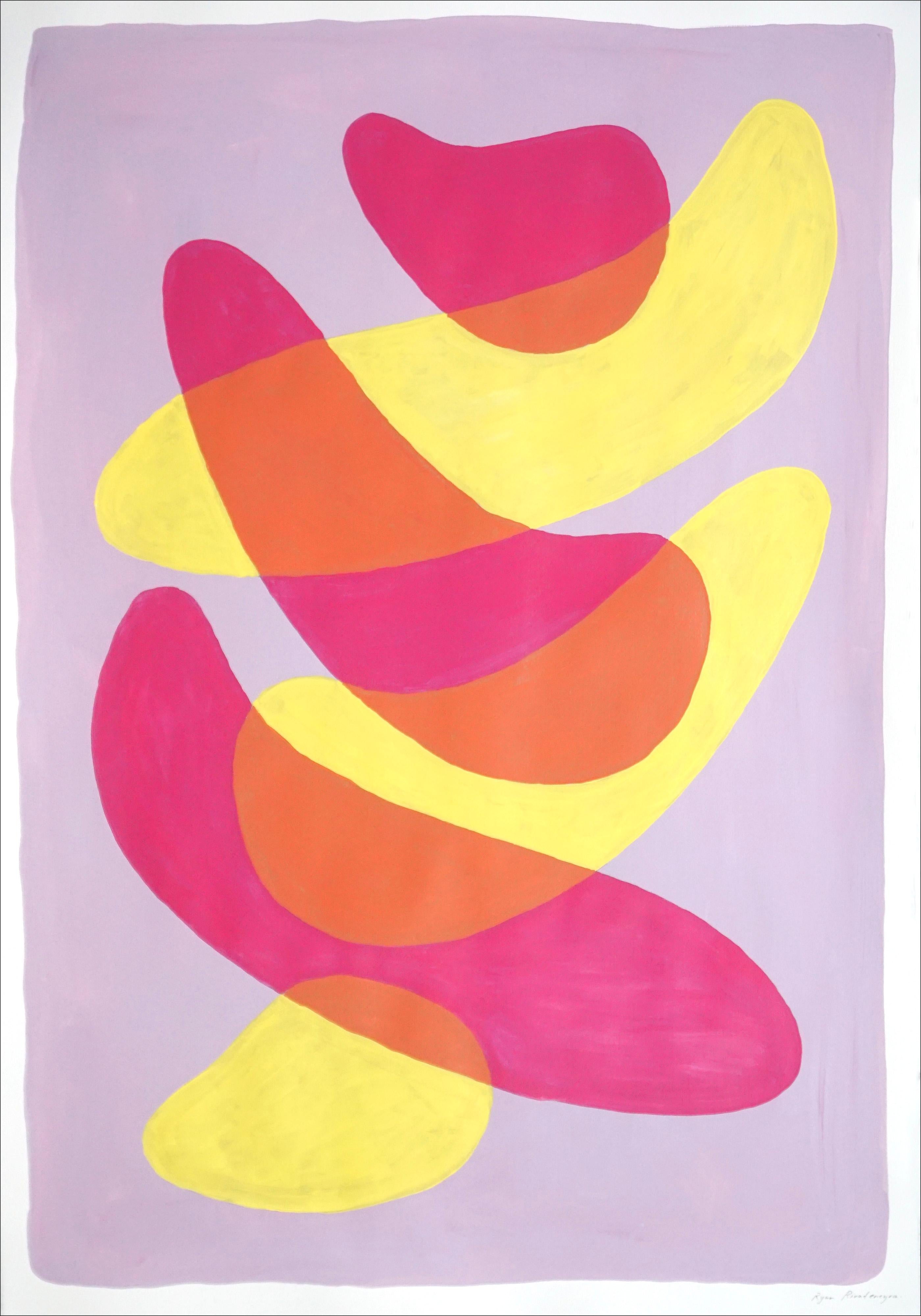 Overlapping Strokes on Mauve, Vivid Lime and Pink Minimal Gestures Painting, 