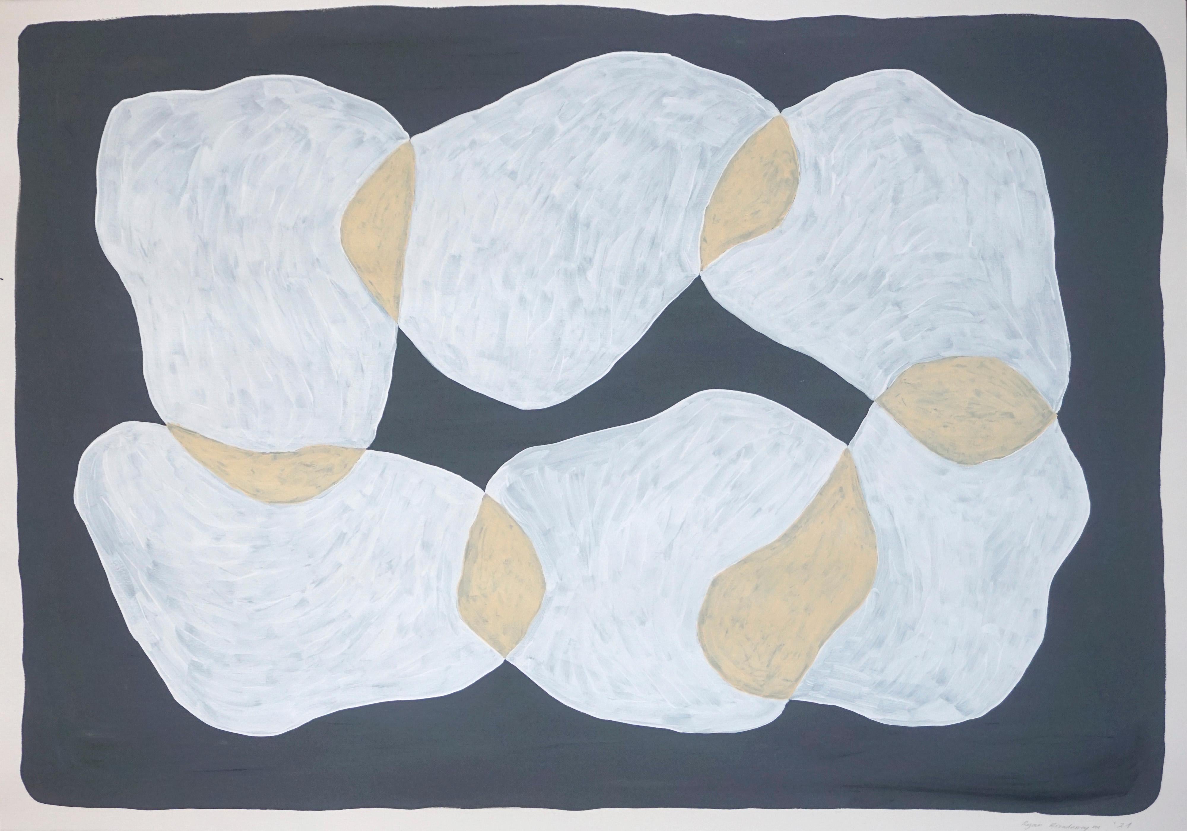 Ryan Rivadeneyra Abstract Painting - Pale Tones of Translucent Shadow Circles, Mid-Century Shapes in Black and White