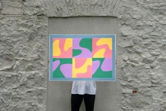 Motifs de palmiers au printemps, tons vifs, rivière abstraite en rose et vert, jaune