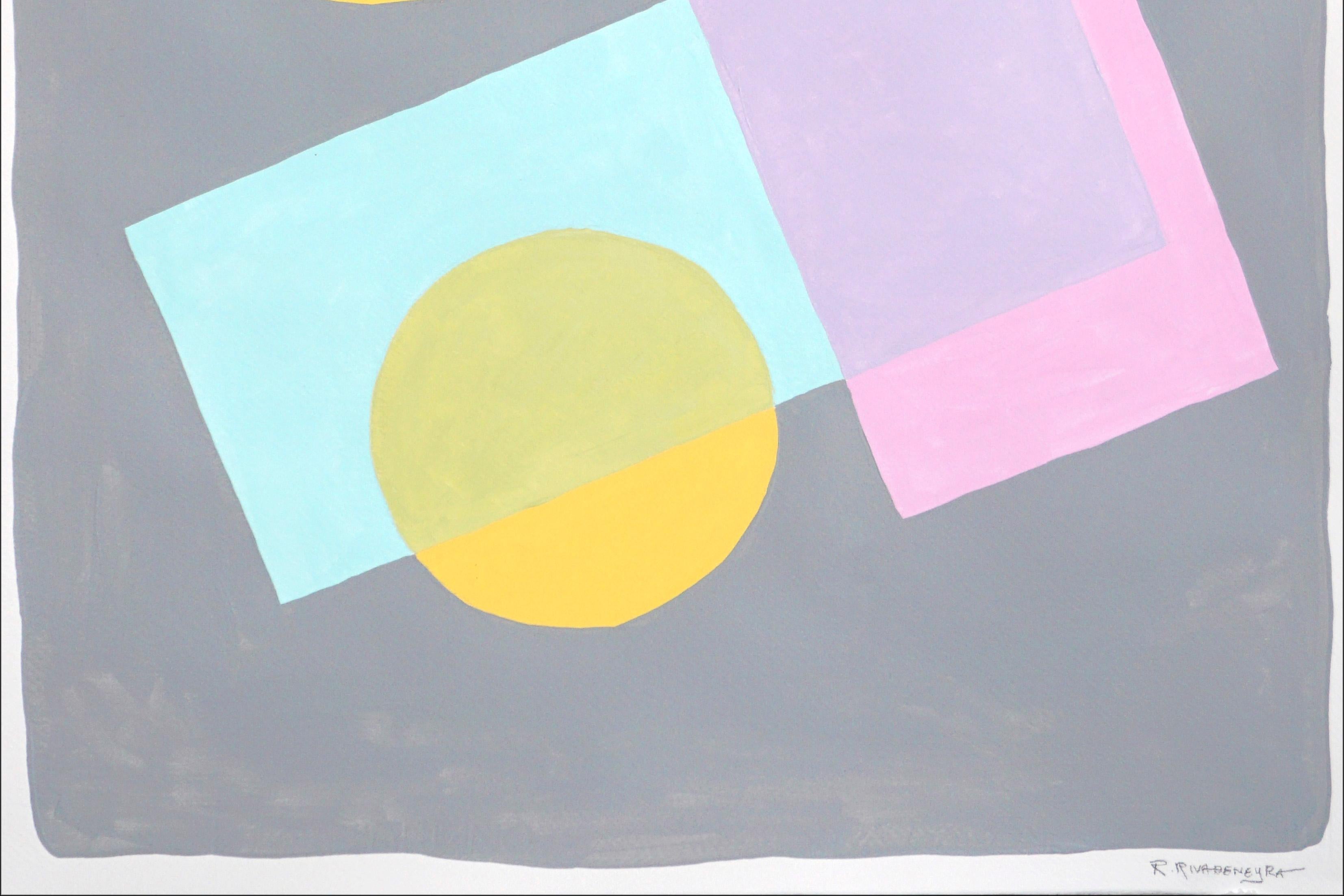 Konstruktivistische Formen in Pastell, weiche Töne, geometrisches Gemälde, Blau, Rosa, Gelb (Beige), Abstract Painting, von Ryan Rivadeneyra