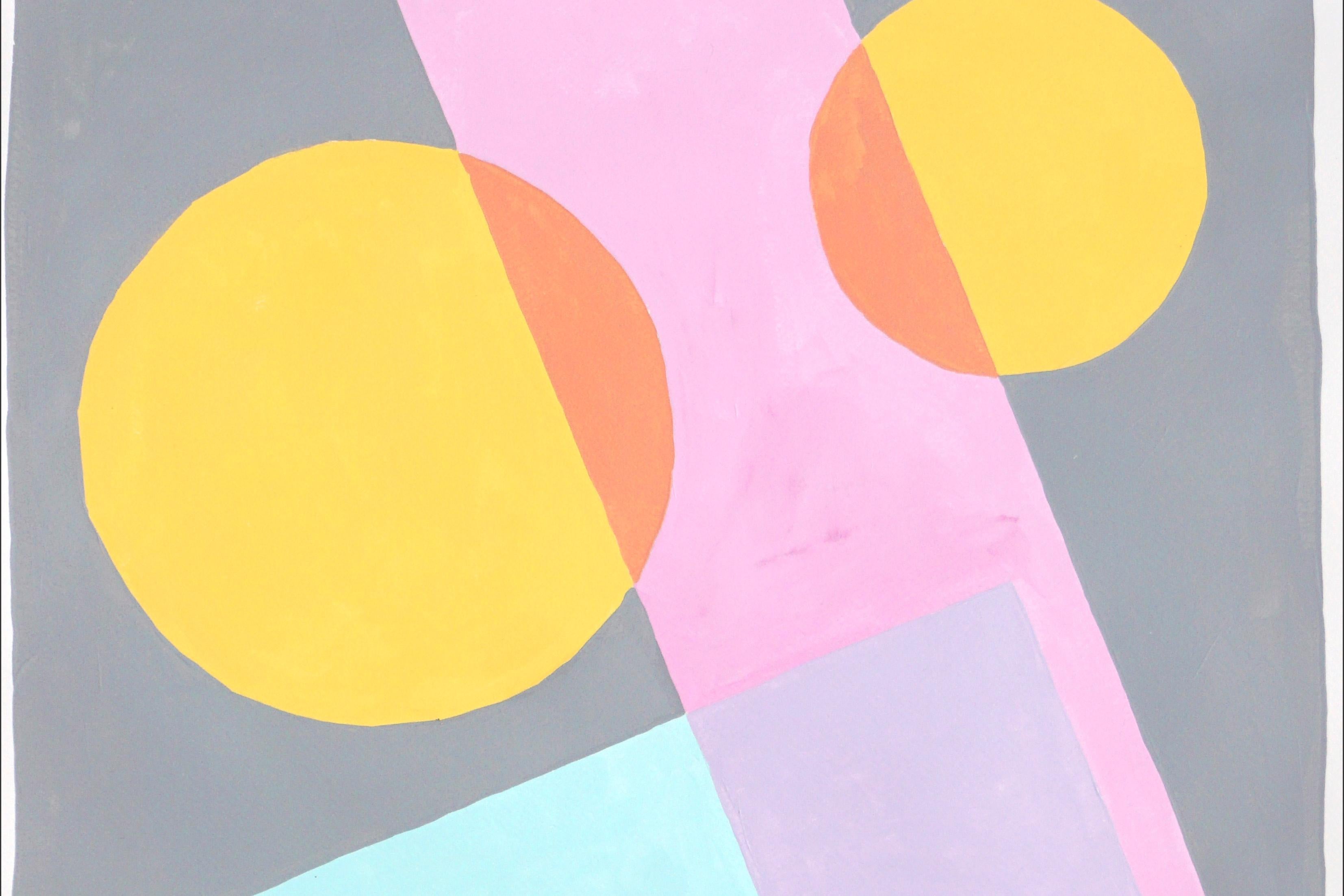 Formes constructivistes au pastel, peinture géométrique aux tons doux, bleu, rose, jaune - Beige Abstract Painting par Ryan Rivadeneyra