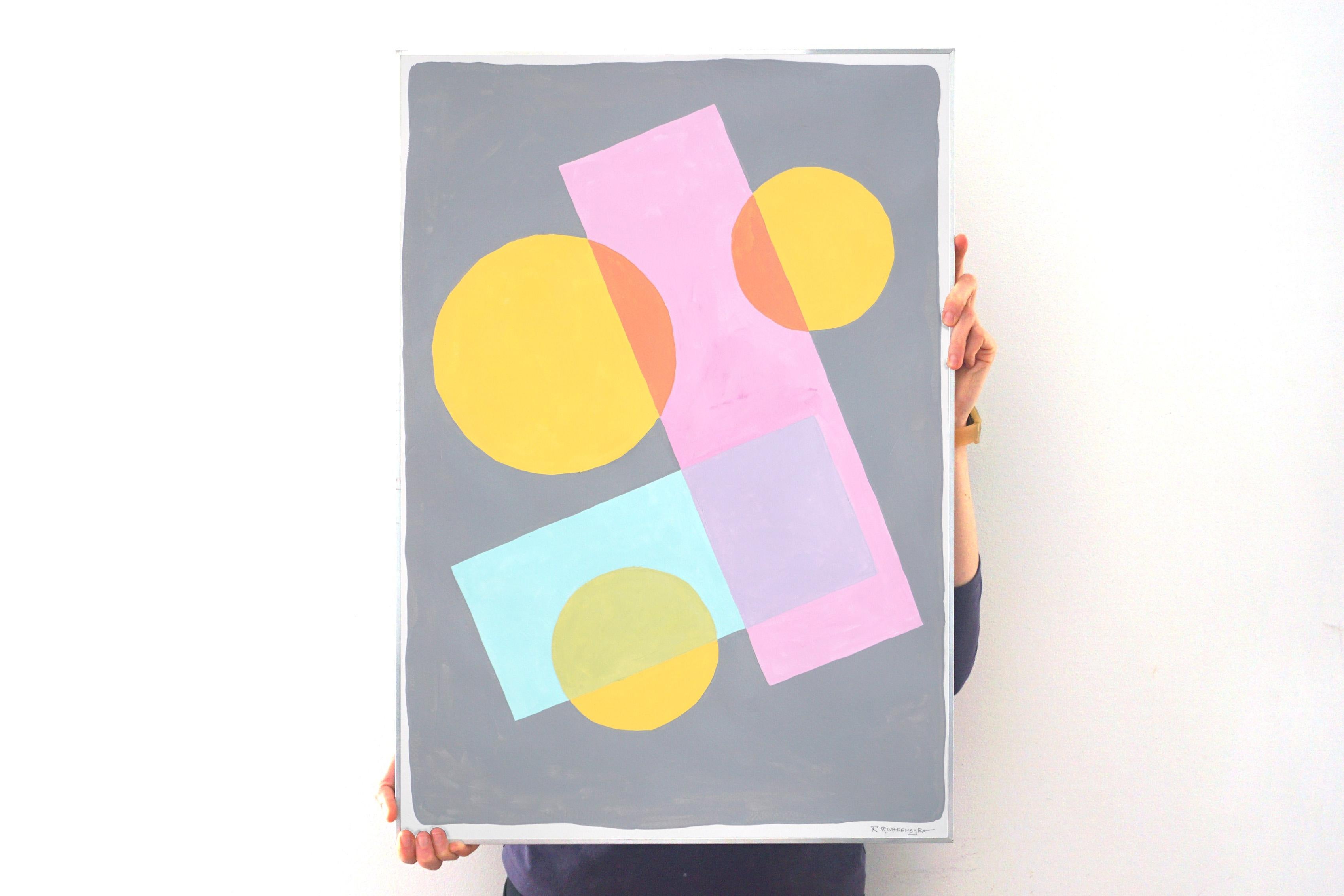 Forme costruttive a pastello, pittura geometrica dai toni tenui, blu, rosa, giallo in vendita 1