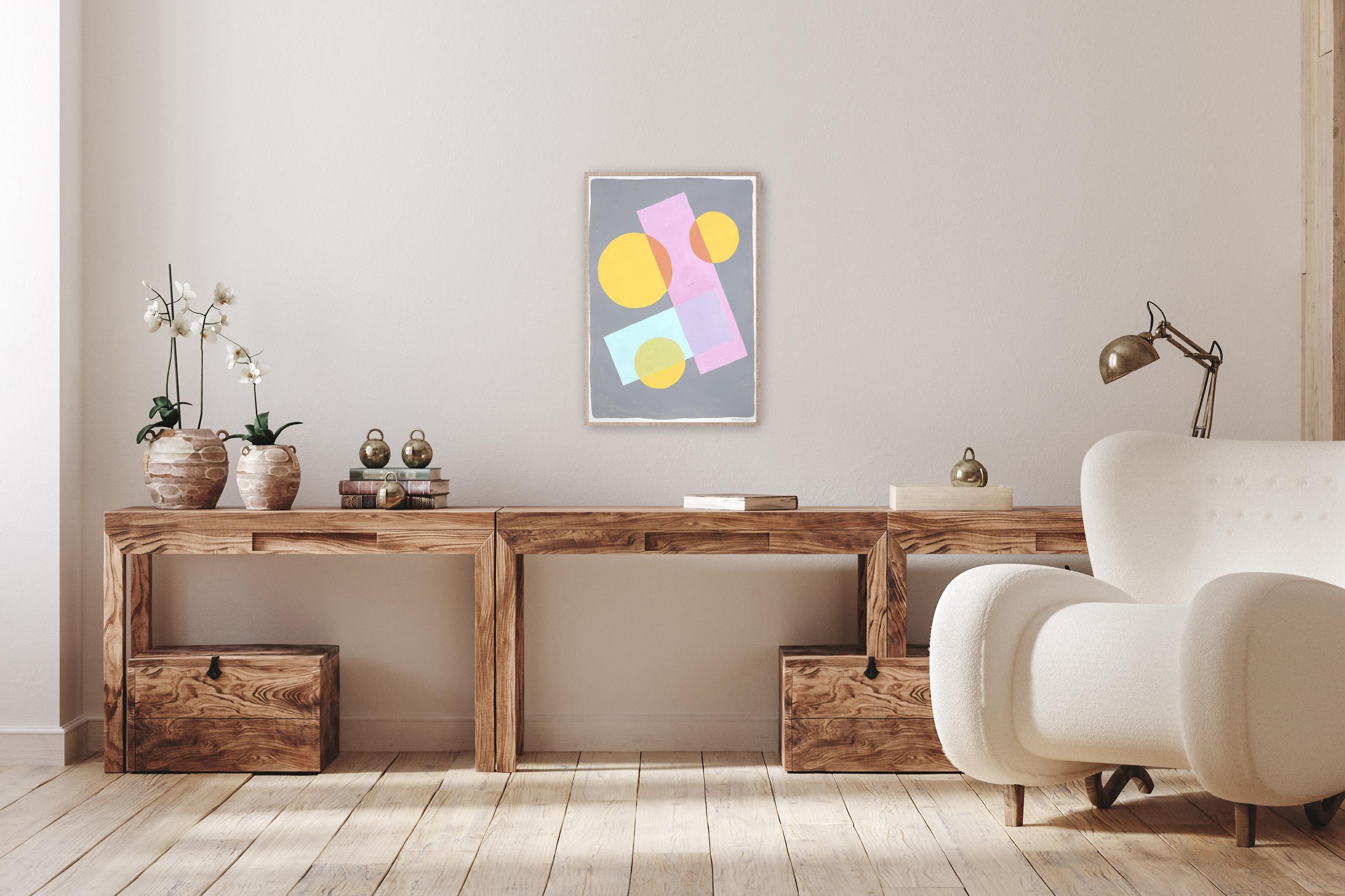 Konstruktivistische Formen in Pastell, weiche Töne, geometrisches Gemälde, Blau, Rosa, Gelb im Angebot 3