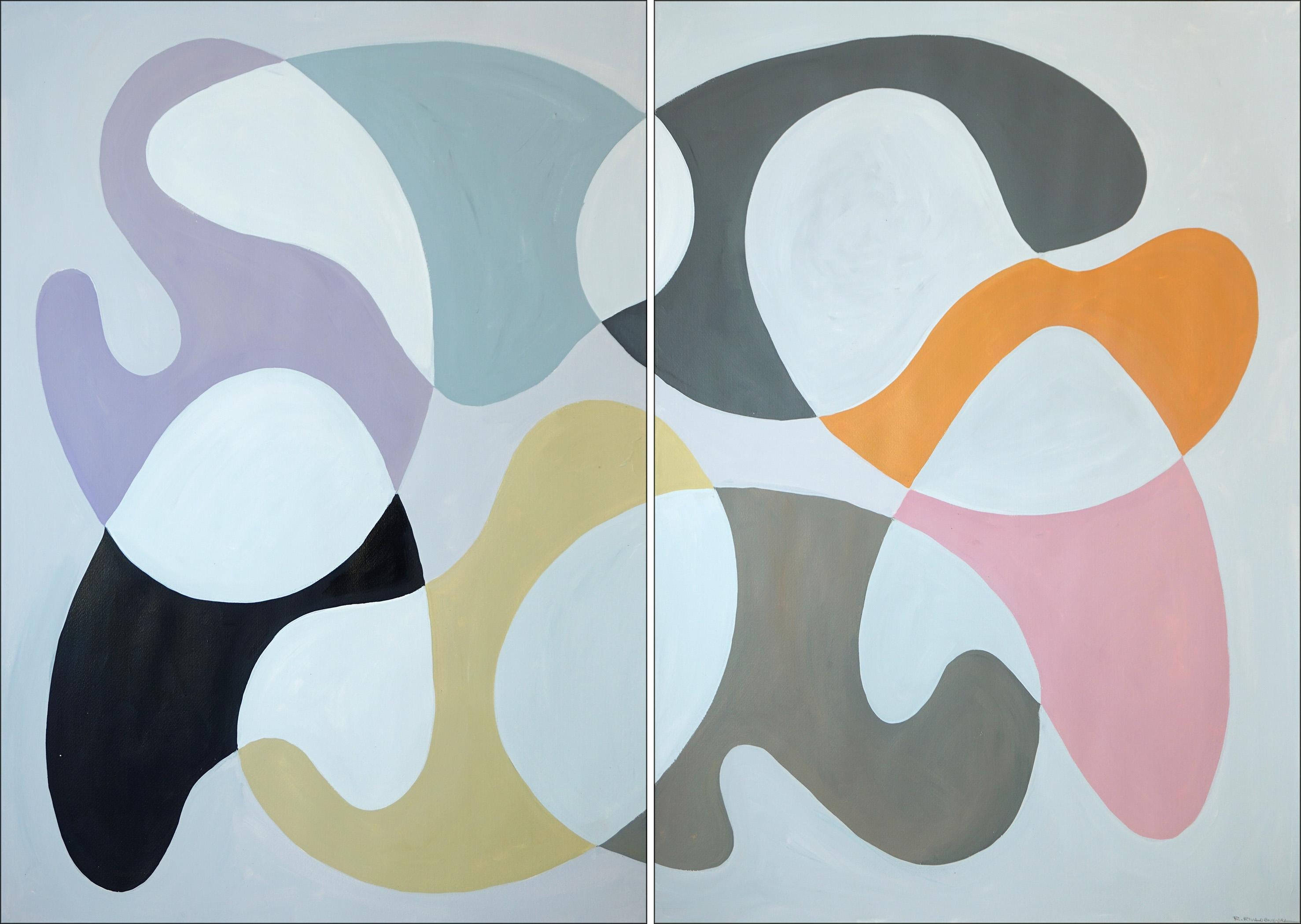 Pastel Dance, Organic Modern, Mid-Century Shapes Diptych in Pastel Tones, Paper
