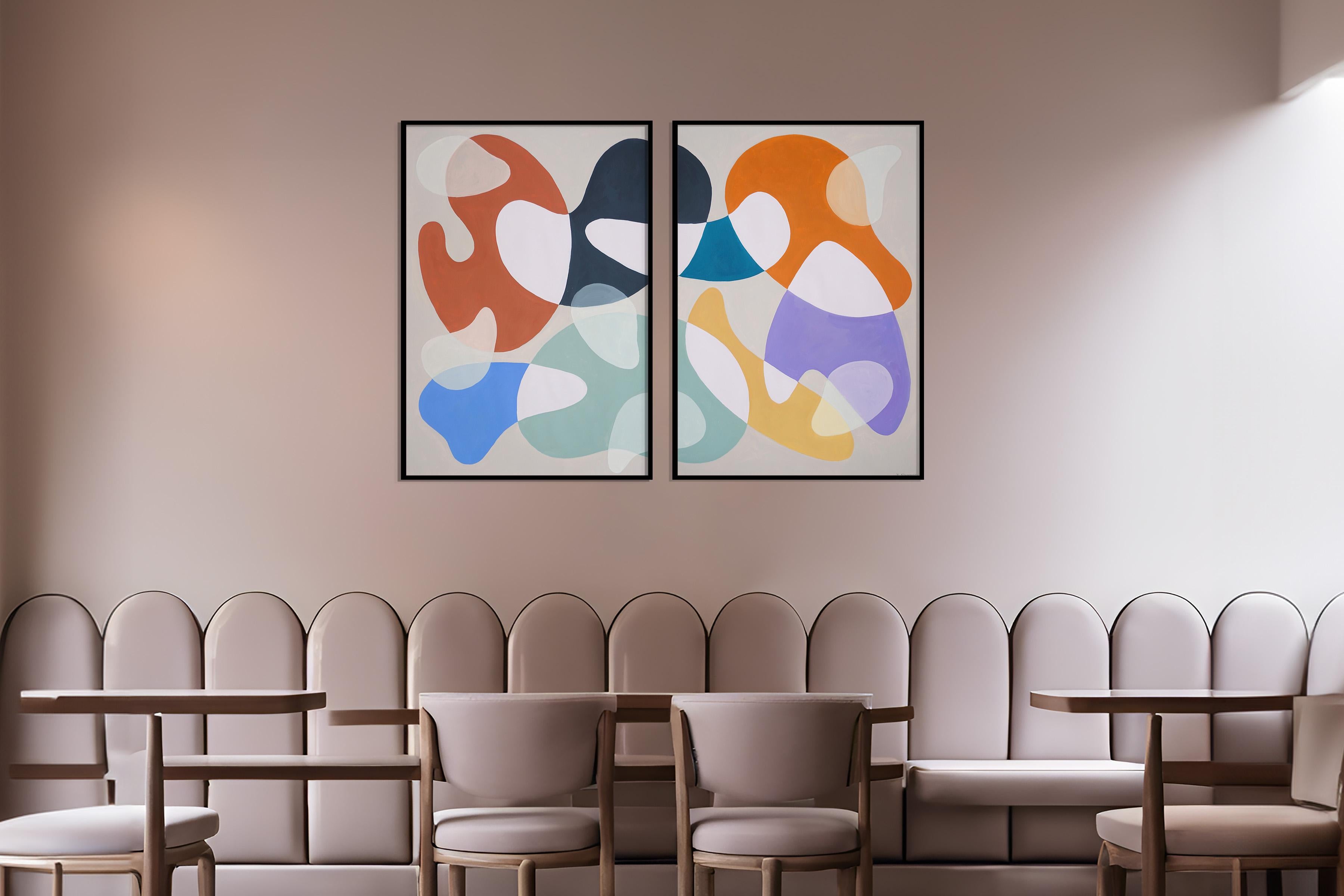 Pastel Palette Curves, Mid-Century Modern Diptych, Purple, Yellow & Blue Shapes For Sale 2