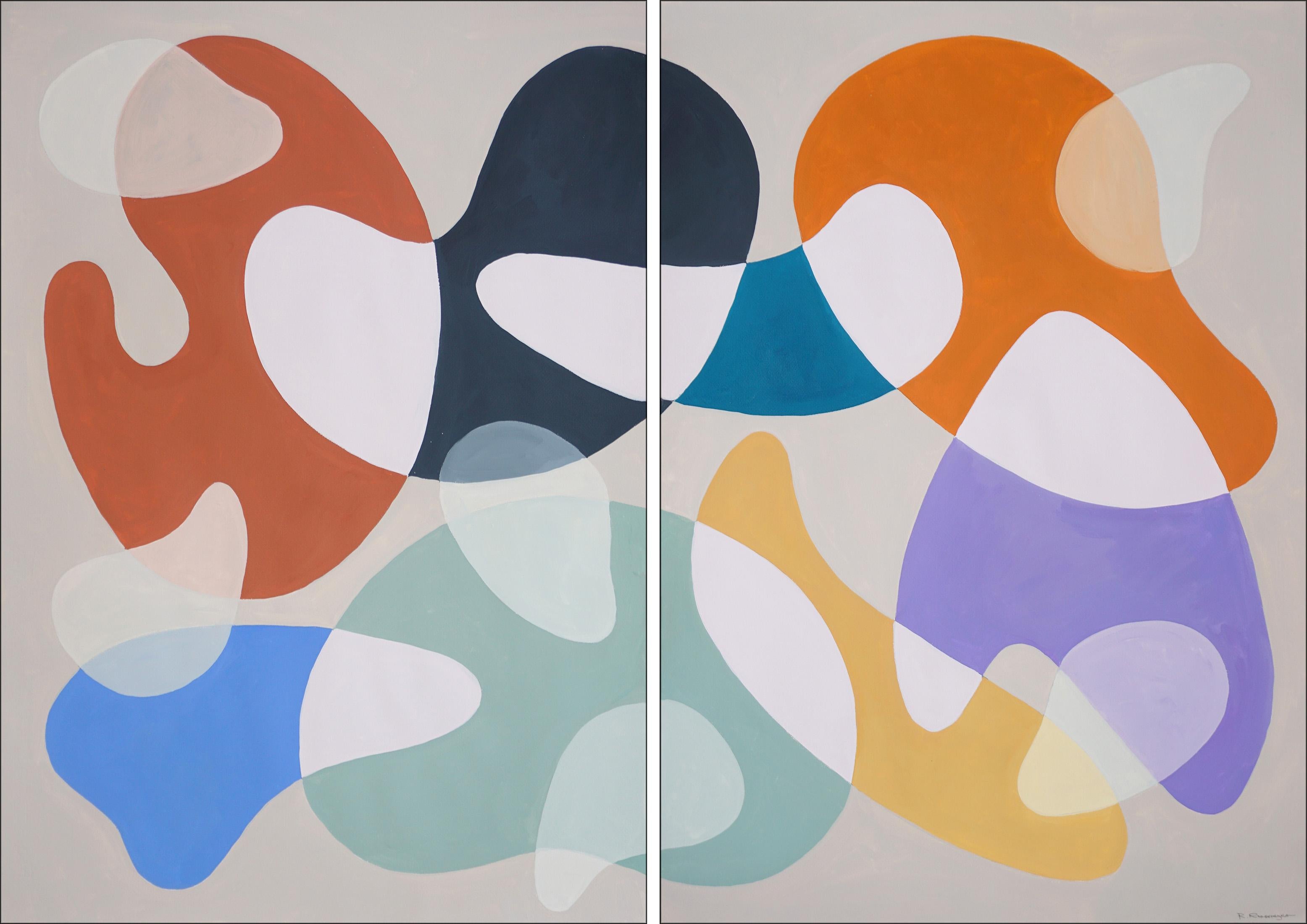 Ryan Rivadeneyra Abstract Painting - Pastel Palette Curves, Mid-Century Modern Diptych, Purple, Yellow & Blue Shapes