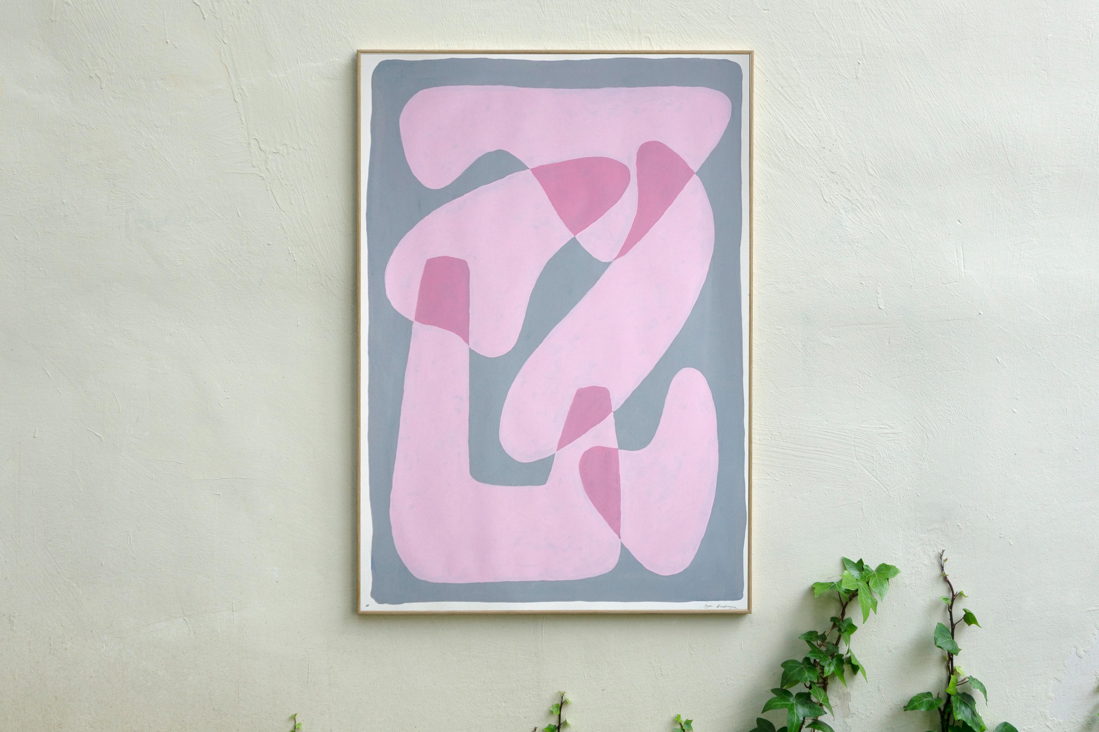 Pastel Pink Figures, Abstract Body Shapes on Gray, Avant-Garde Style on Paper - Abstract Geometric Painting by Ryan Rivadeneyra