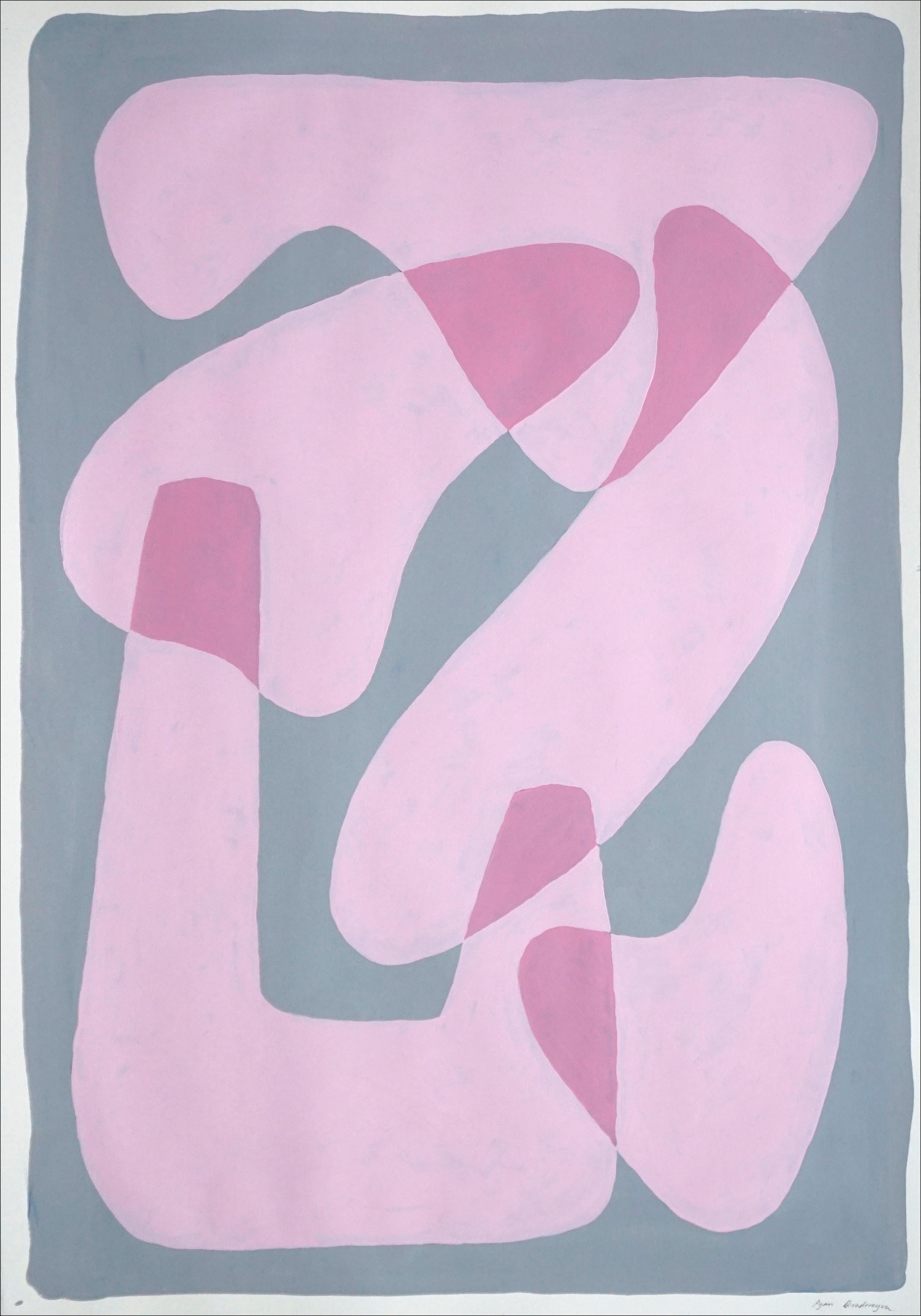 Ryan Rivadeneyra Figurative Painting - Pastel Pink Figures, Abstract Body Shapes on Gray, Avant-Garde Style on Paper