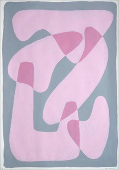 Pastel Pink Figures, Abstract Body Shapes on Gray, Avant-Garde Style on Paper