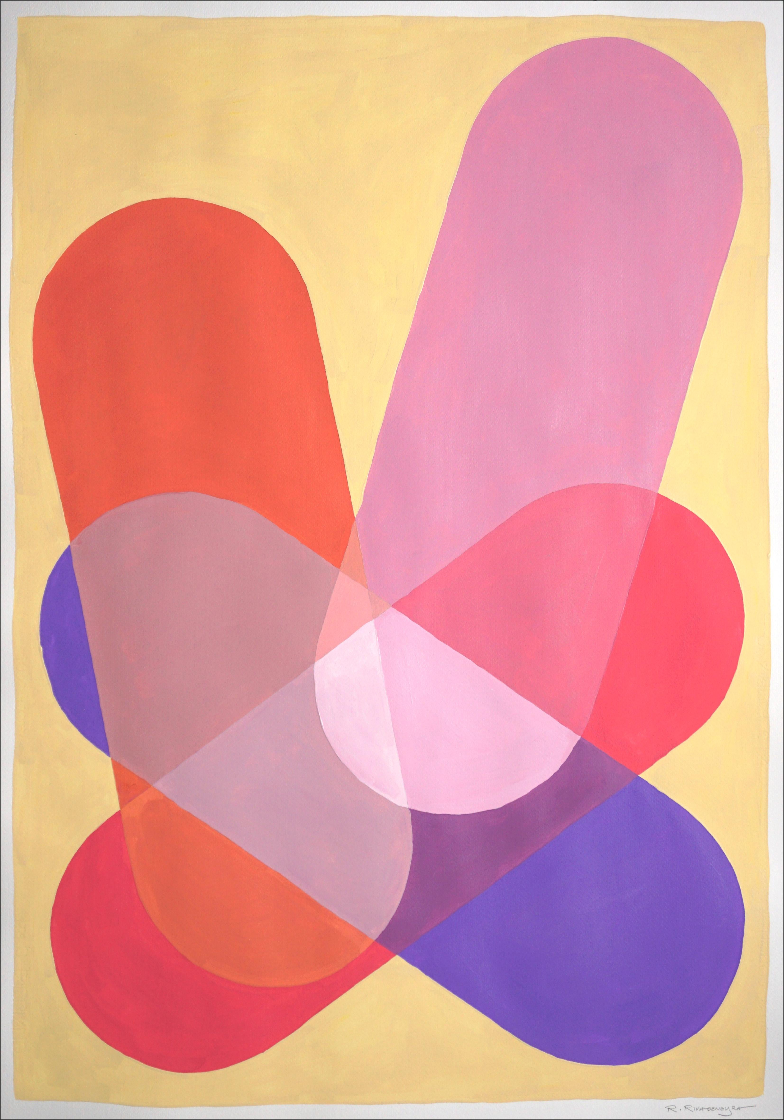 Ryan Rivadeneyra Abstract Painting - Pill Shape Explosion, Pink and Vanilla Bold Shapes and Transparencies, Modern