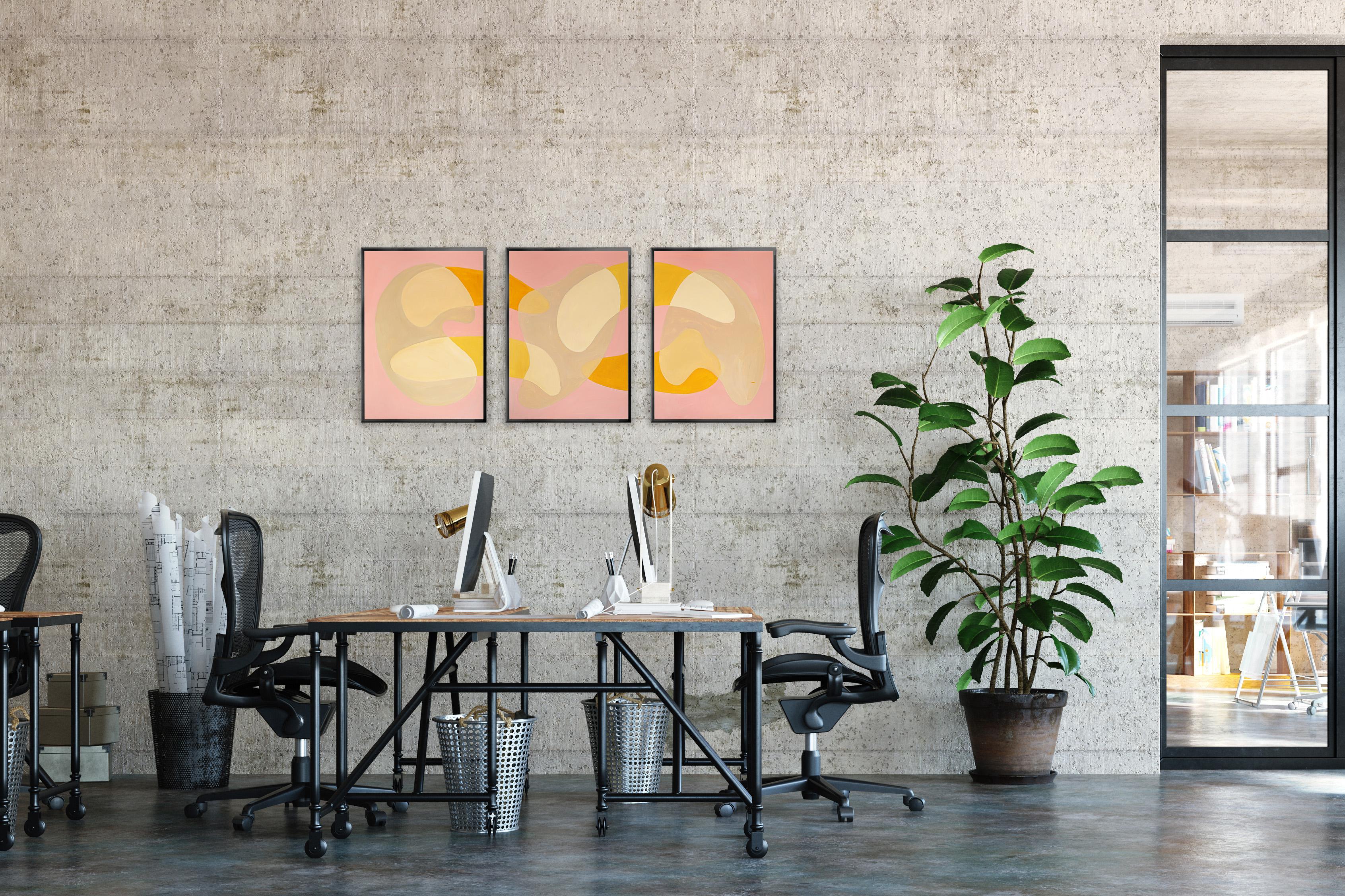Pink Lagoon Sands, Mid-Century Shapes Triptych, Abstract Gold Transparencies  For Sale 6