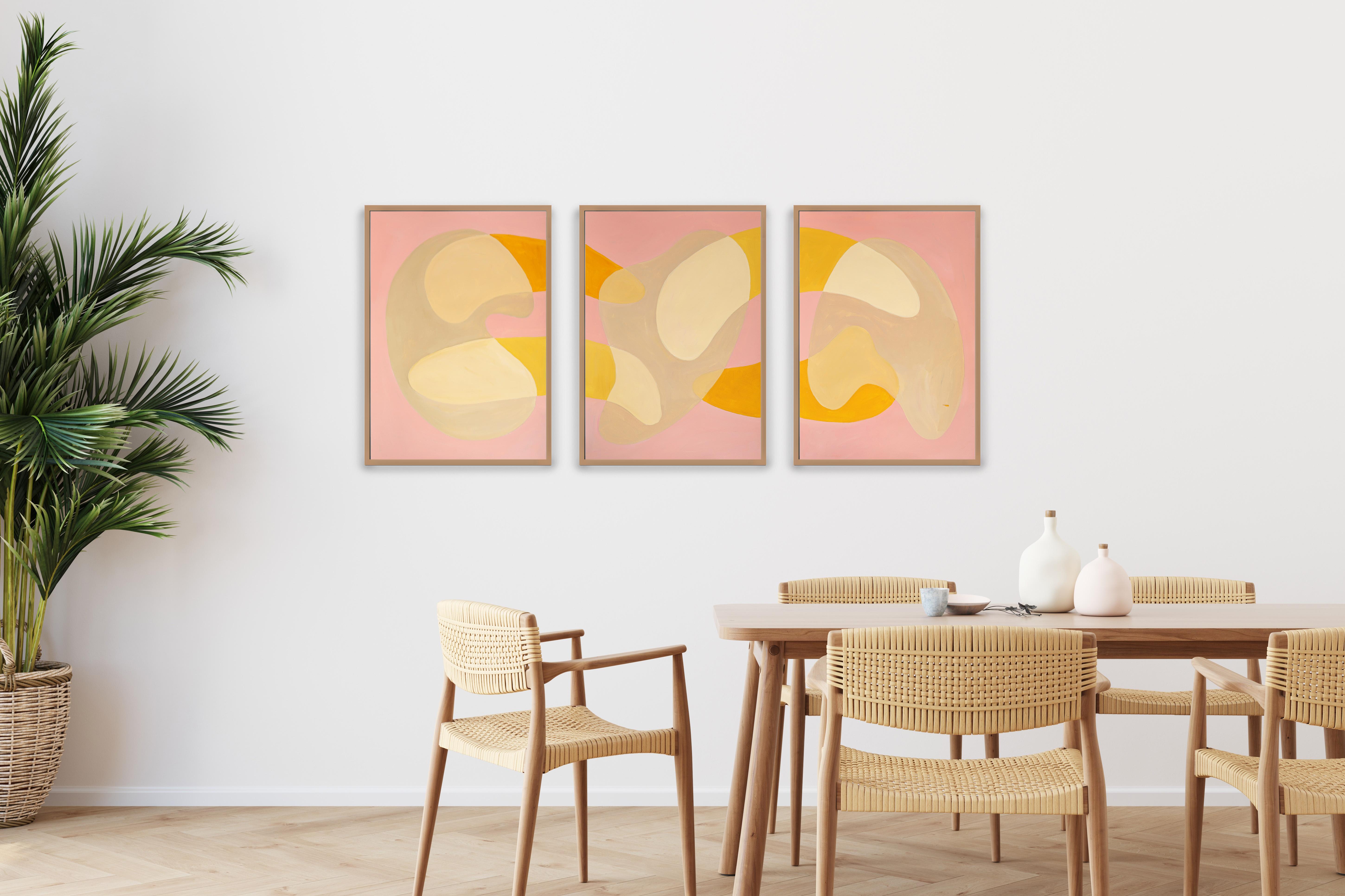 Pink Lagoon Sands, Mid-Century Shapes Triptych, Abstract Gold Transparencies  - Painting by Ryan Rivadeneyra