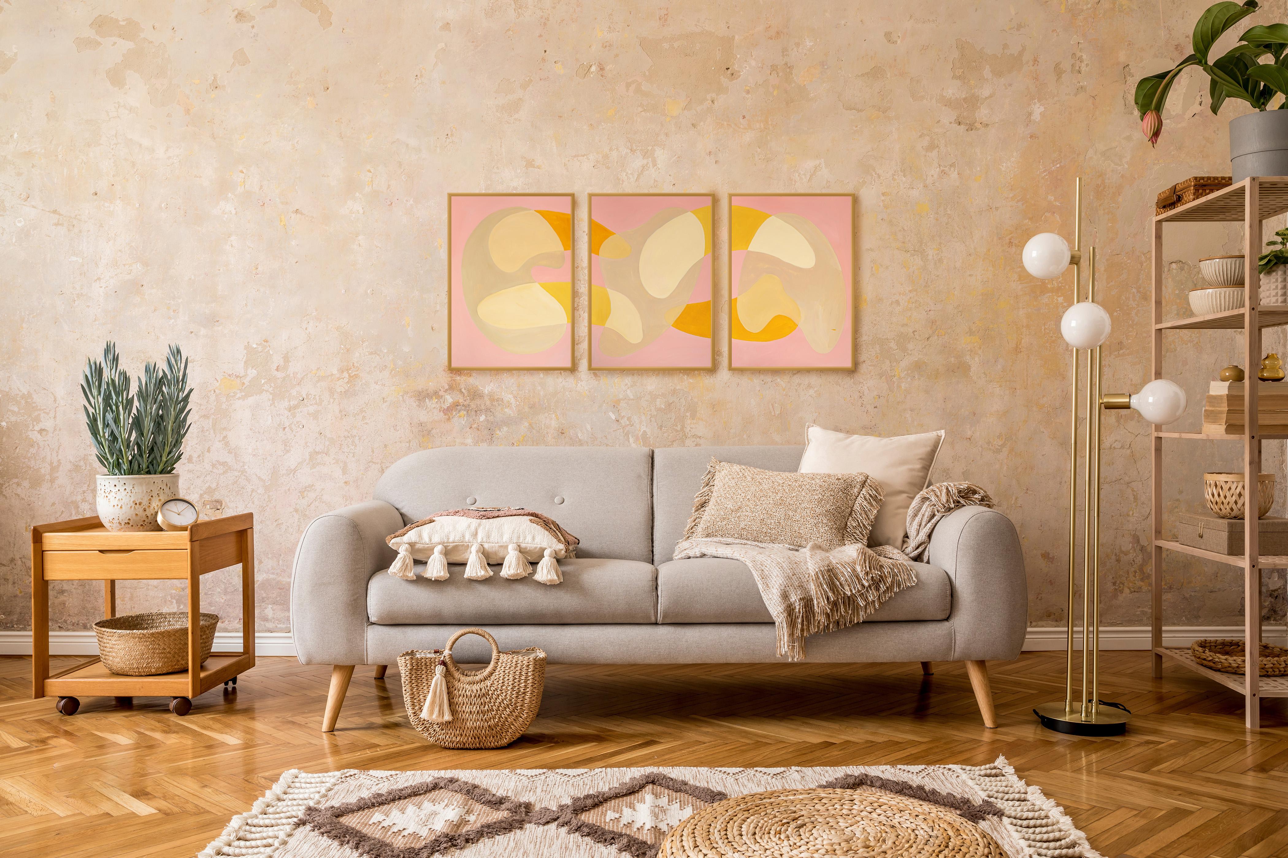 Pink Lagoon Sands, Mid-Century Shapes Triptych, Abstract Gold Transparencies  For Sale 2