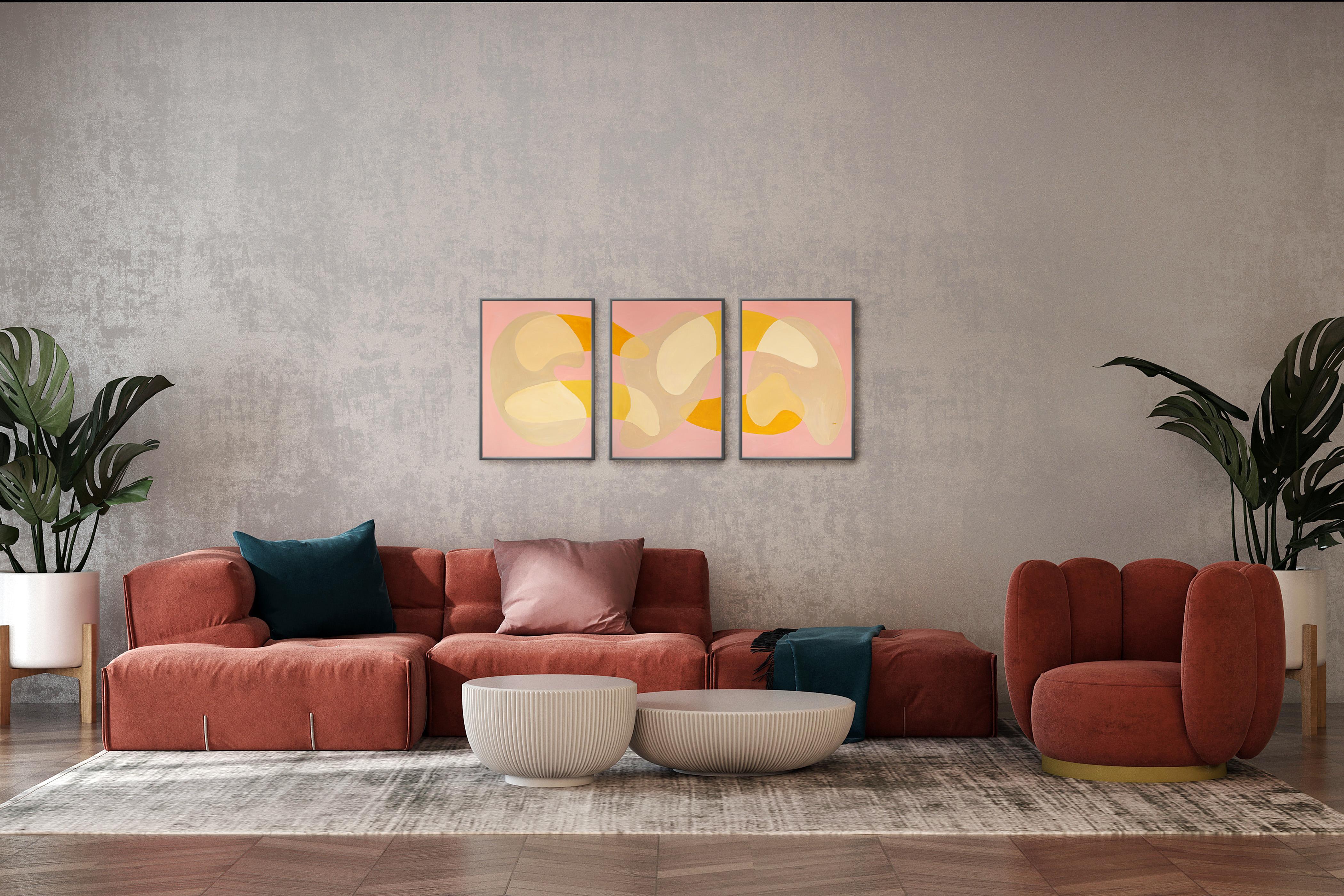 Pink Lagoon Sands, Mid-Century Shapes Triptych, Abstract Gold Transparencies  For Sale 4