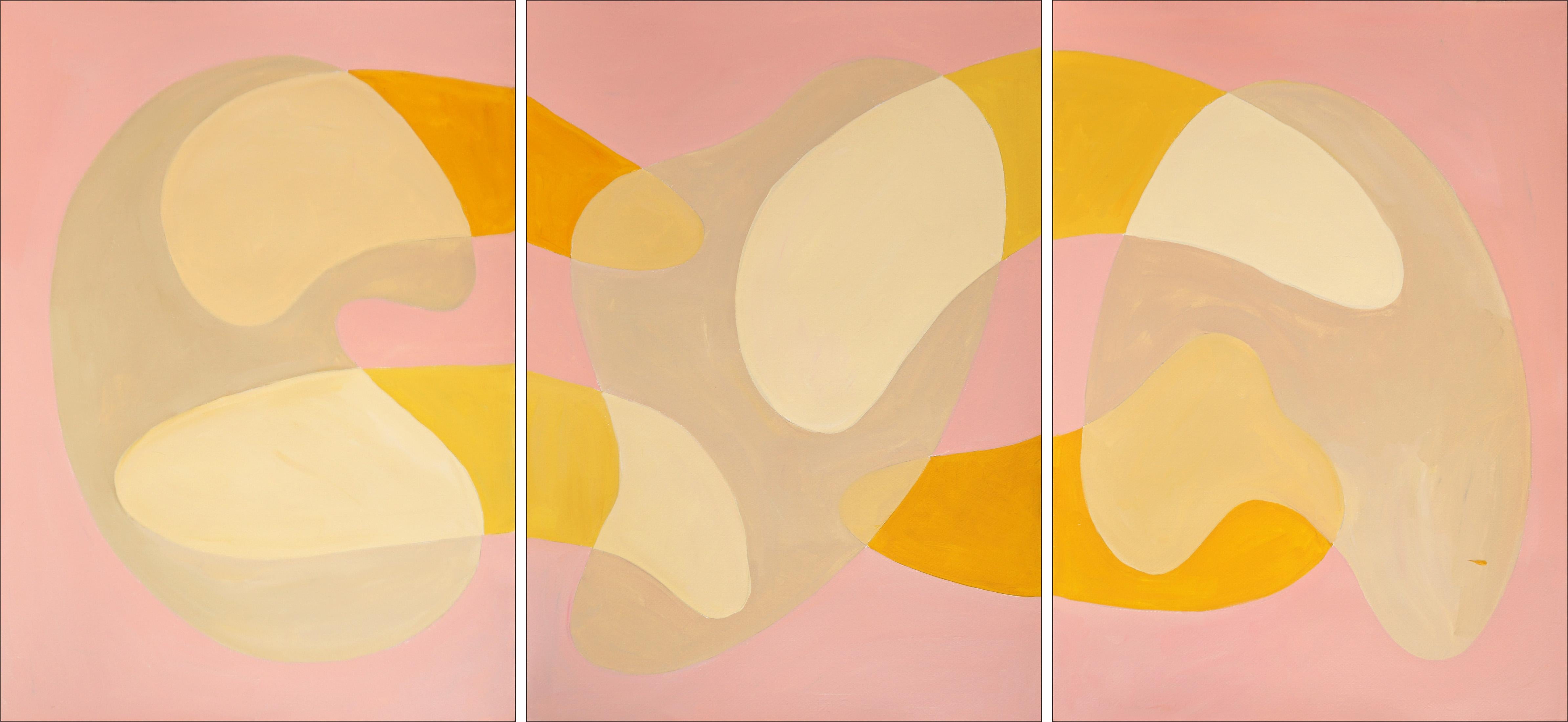 Ryan Rivadeneyra Abstract Painting - Pink Lagoon Sands, Mid-Century Shapes Triptych, Abstract Gold Transparencies 