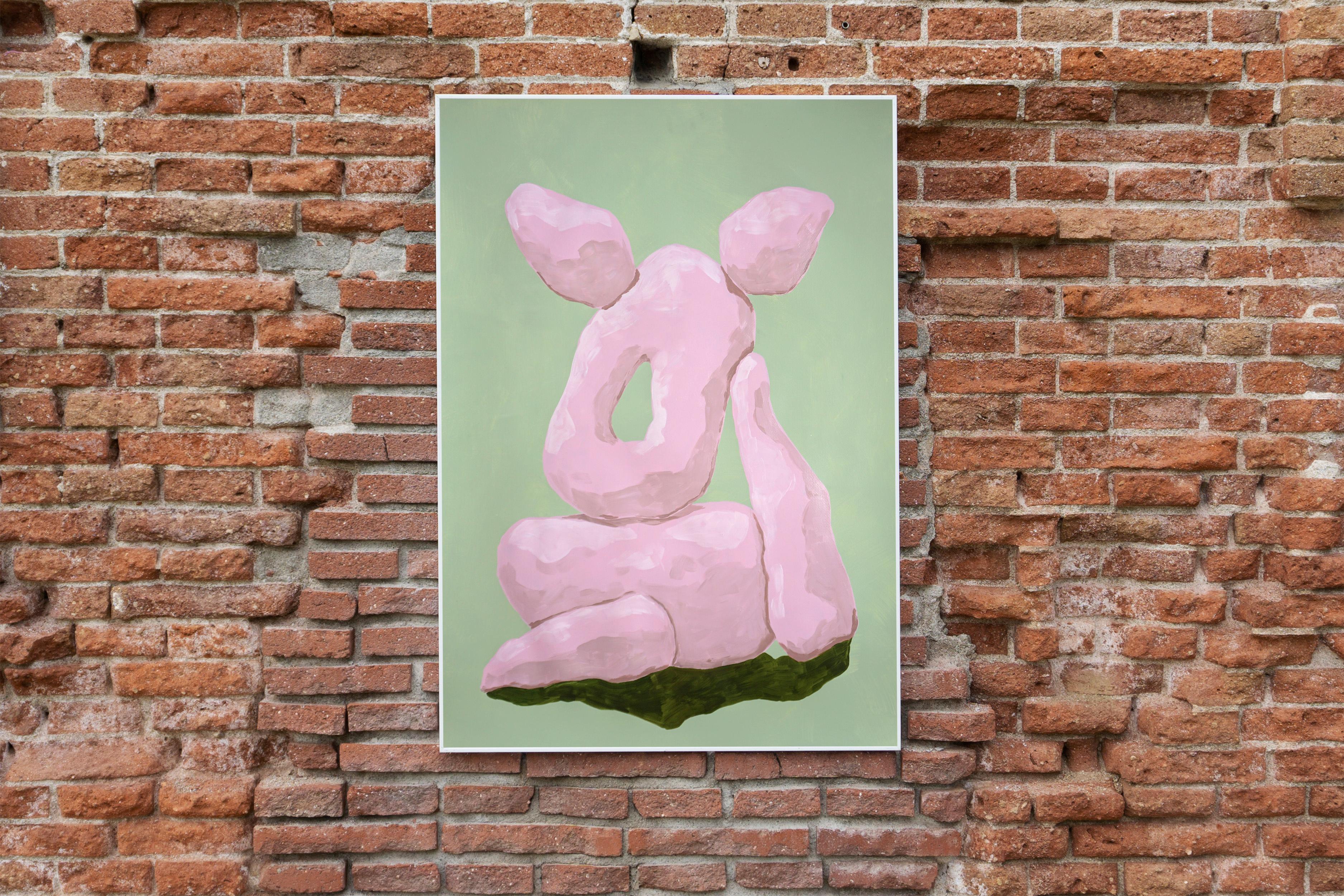 Rosa Skulpturen auf grünen, organischen Felsen, Pastelltönen, Garten Render-Formen – Painting von Ryan Rivadeneyra