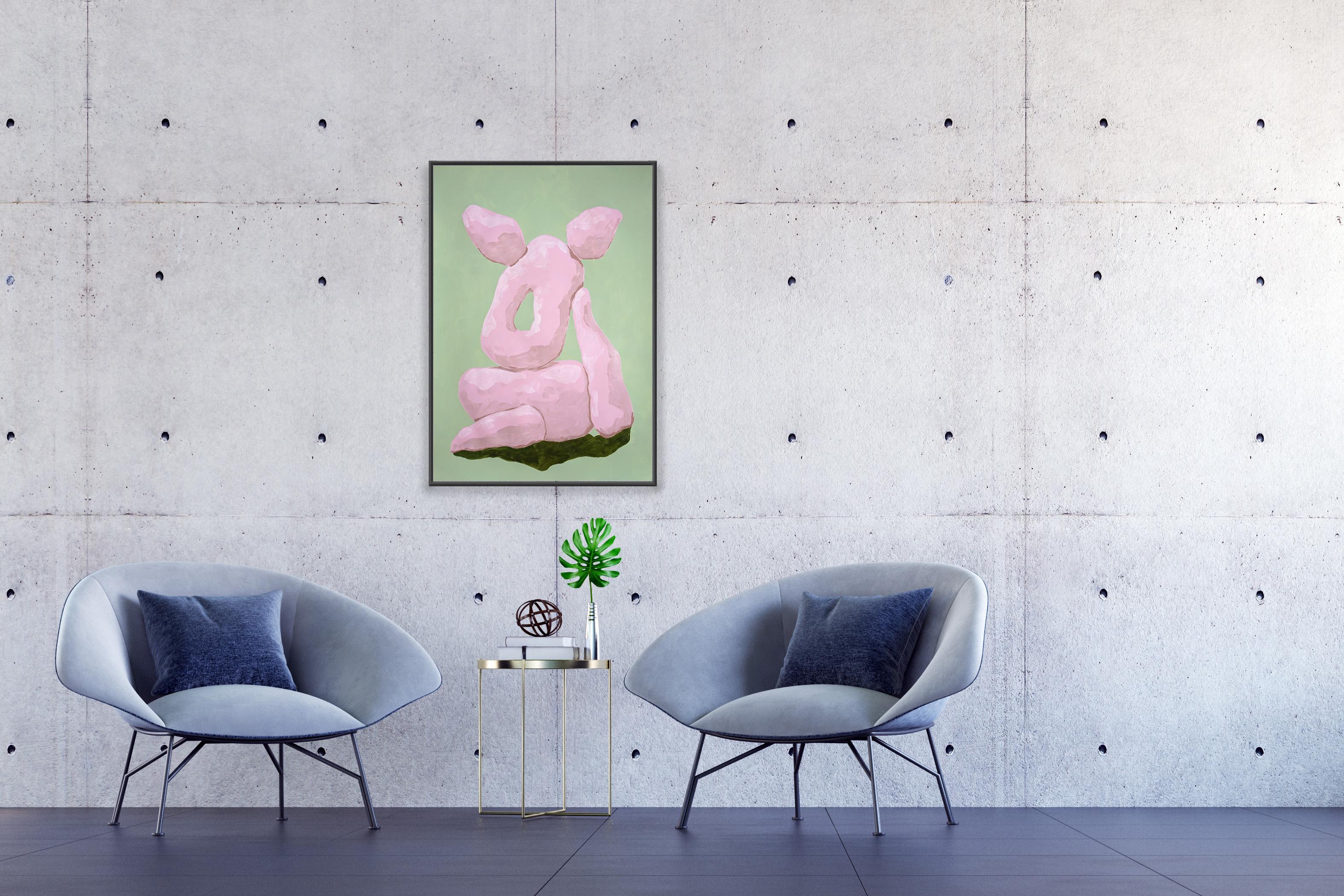 Rosa Skulpturen auf grünen, organischen Felsen, Pastelltönen, Garten Render-Formen (Abstrakt), Painting, von Ryan Rivadeneyra