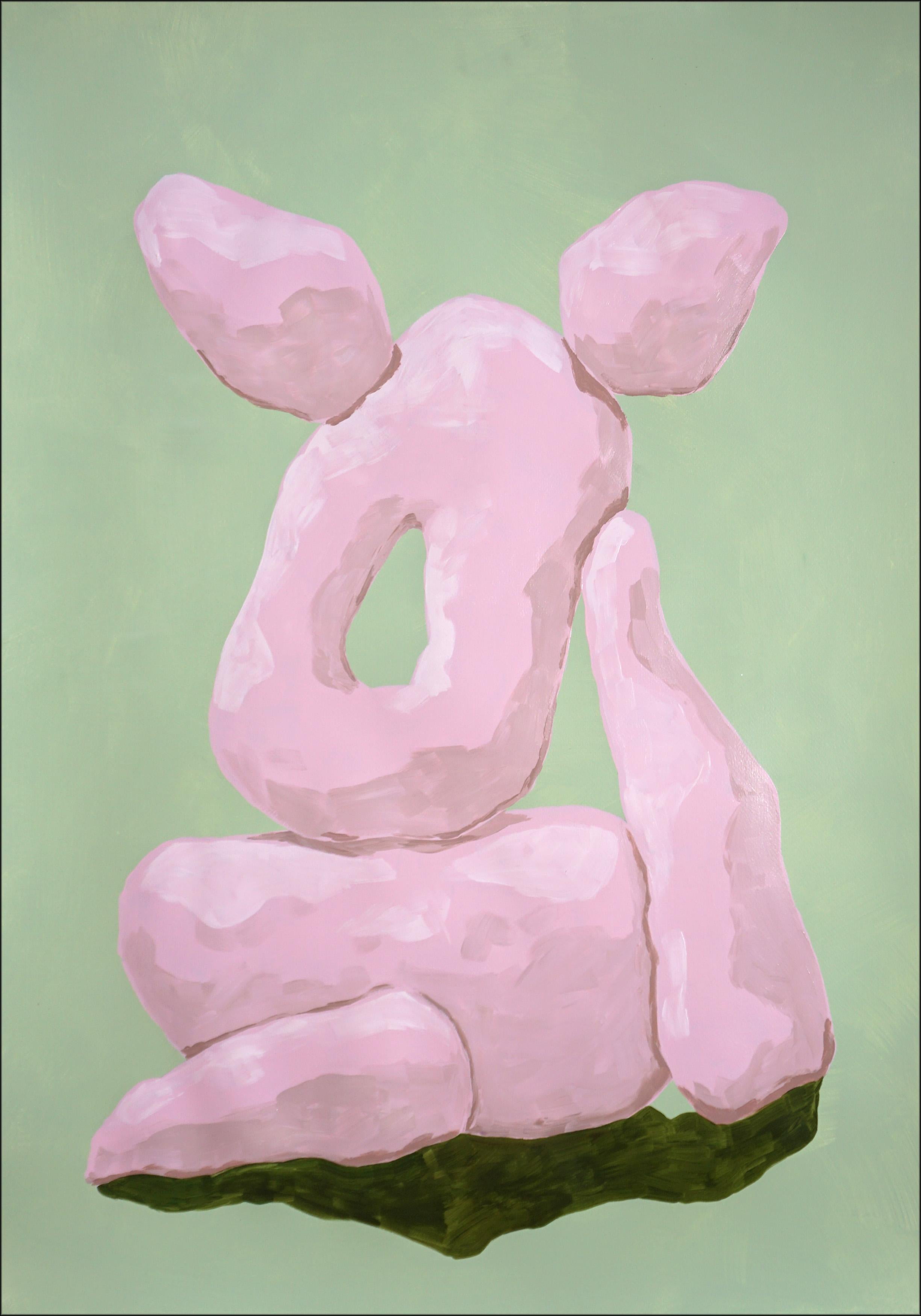 Ryan Rivadeneyra Abstract Painting – Rosa Skulpturen auf grünen, organischen Felsen, Pastelltönen, Garten Render-Formen