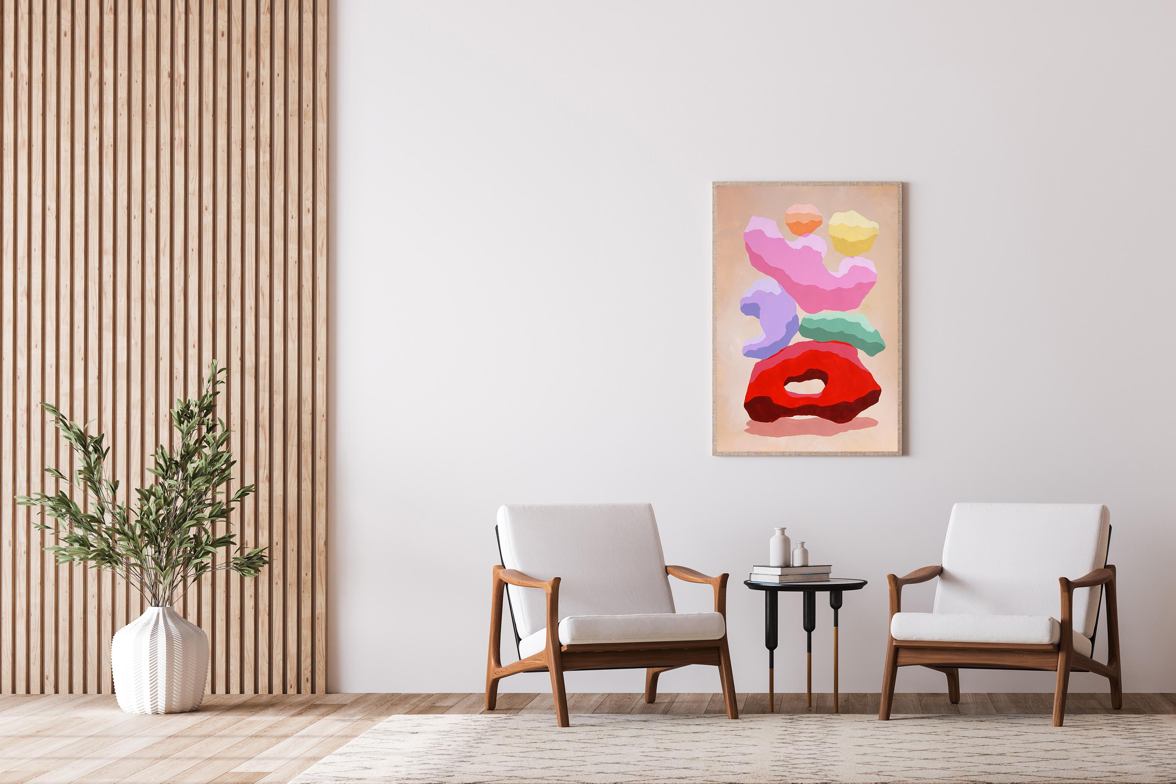 Pop Rocks, farbenfrohe Stein-Stapelpflanzgefäße, Rot, Rosa, Grün, 3D- Render- Render-Formen, Papier (Beige), Abstract Painting, von Ryan Rivadeneyra