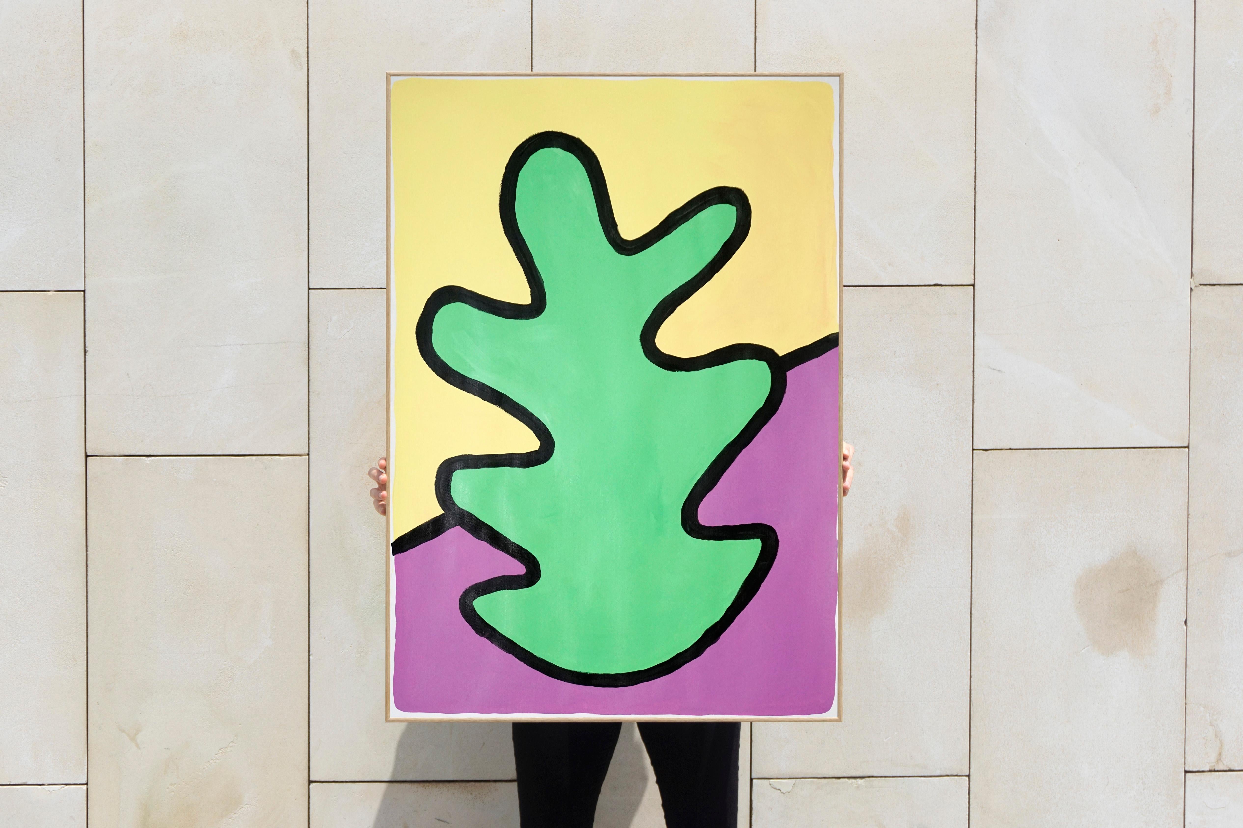 Mohnblatt mit botanischen Blättern, Algae oder Seetang in leuchtenden Tönen, Grün, Rosa und Gelb (Fauvismus), Painting, von Ryan Rivadeneyra