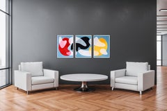 Postmodern Primary Tones Triptych, Abstract Kidney Shapes Blue, Red and Black