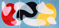 Postmodern Primary Tones Triptych, Abstract Kidney Shapes Blue, Red and Black