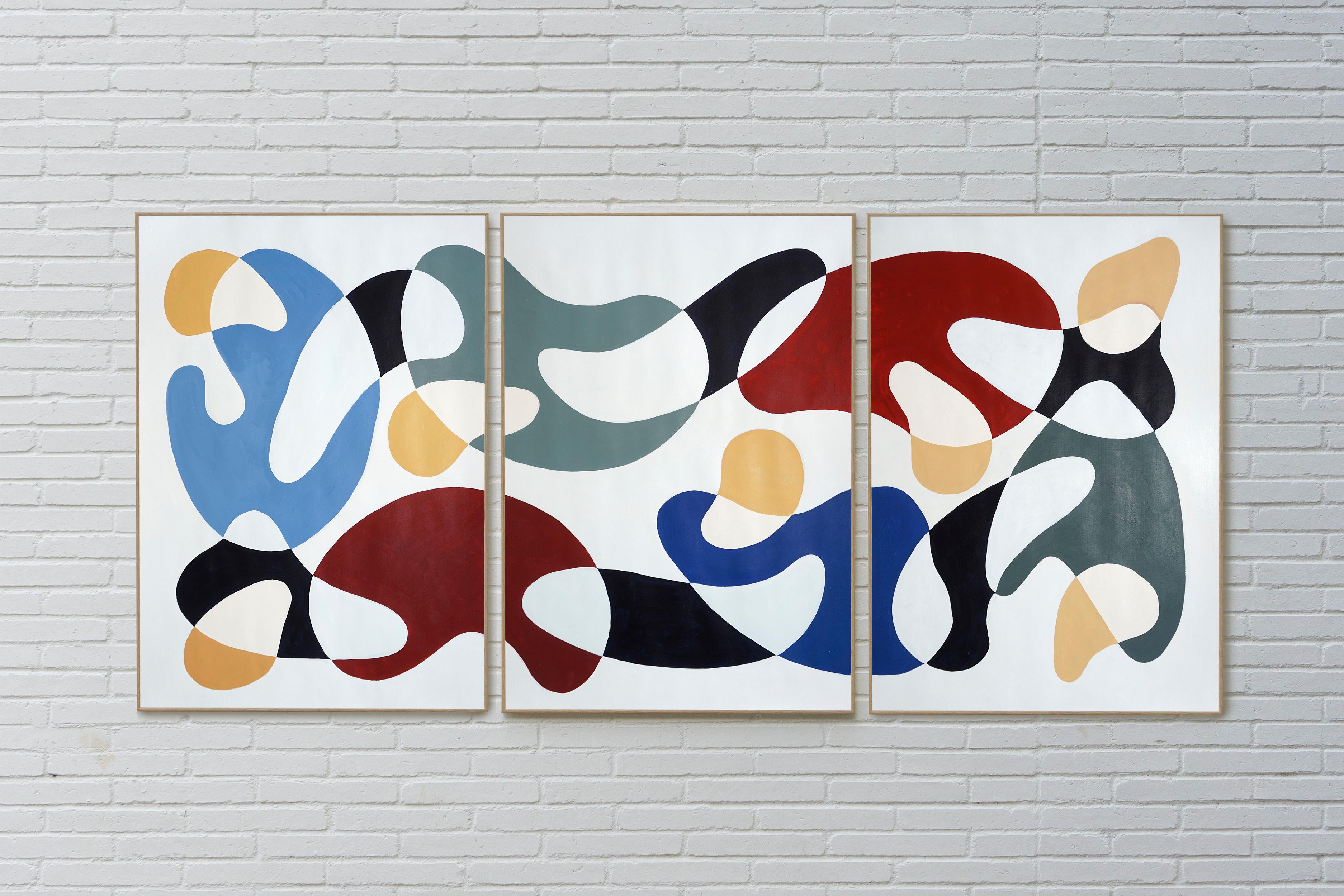 Primary Color Curves, Mid-century Modern Shapes, Triptych, Organic Forms, Paper - Painting by Ryan Rivadeneyra