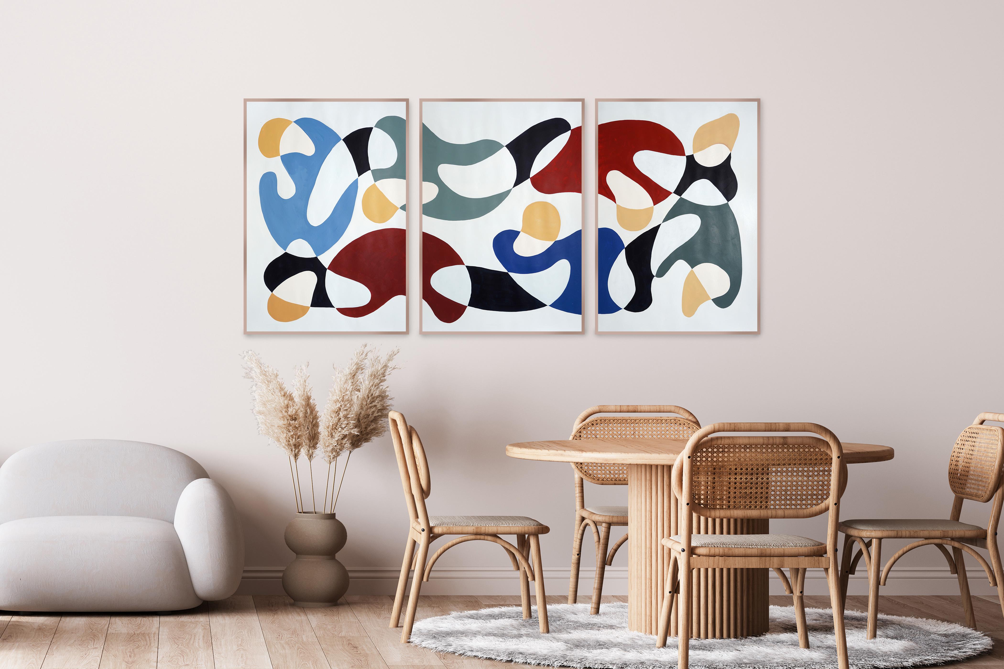 Primary Color Curves, Mid-century Modern Shapes, Triptych, Organic Forms, Paper - Contemporary Painting by Ryan Rivadeneyra