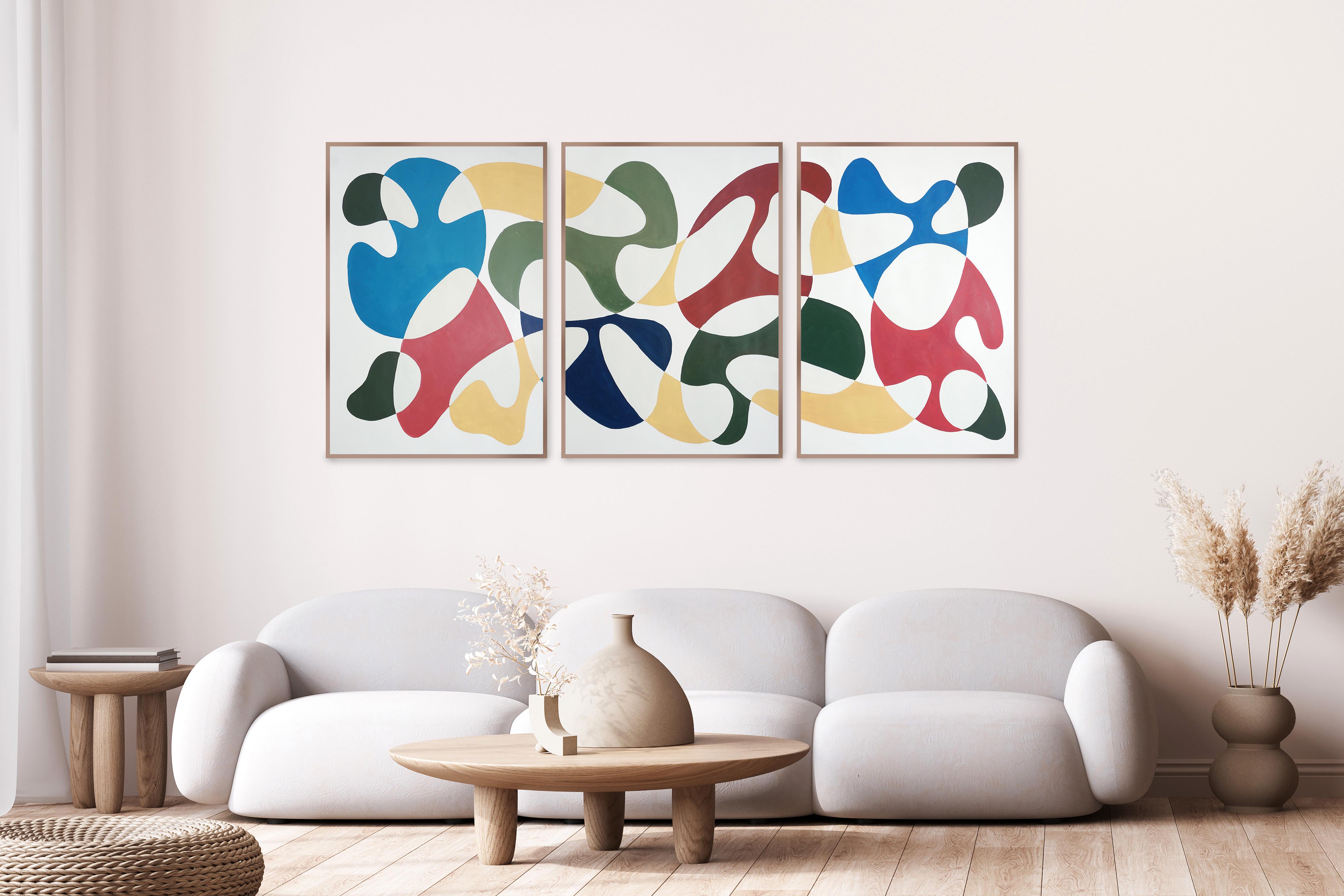 Kurven in Primärfarben, Moderne Formen aus der Mitte des Jahrhunderts, Triptychon, Organische Formen, Papier (Zeitgenössisch), Painting, von Ryan Rivadeneyra