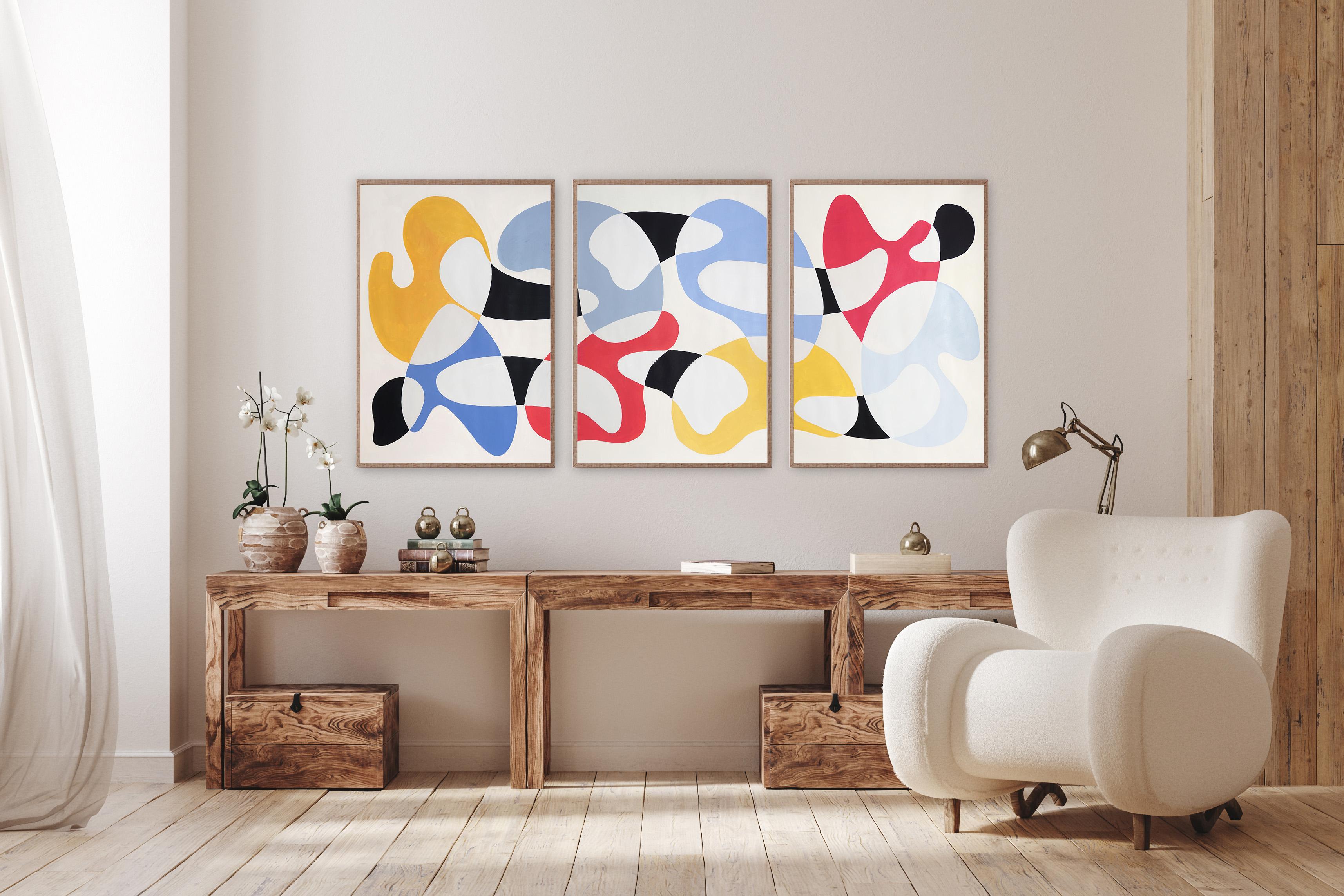 Primary Color Curves, Mid-century Modern Shapes, Triptych, Organic Forms, Paper - Contemporary Painting by Ryan Rivadeneyra