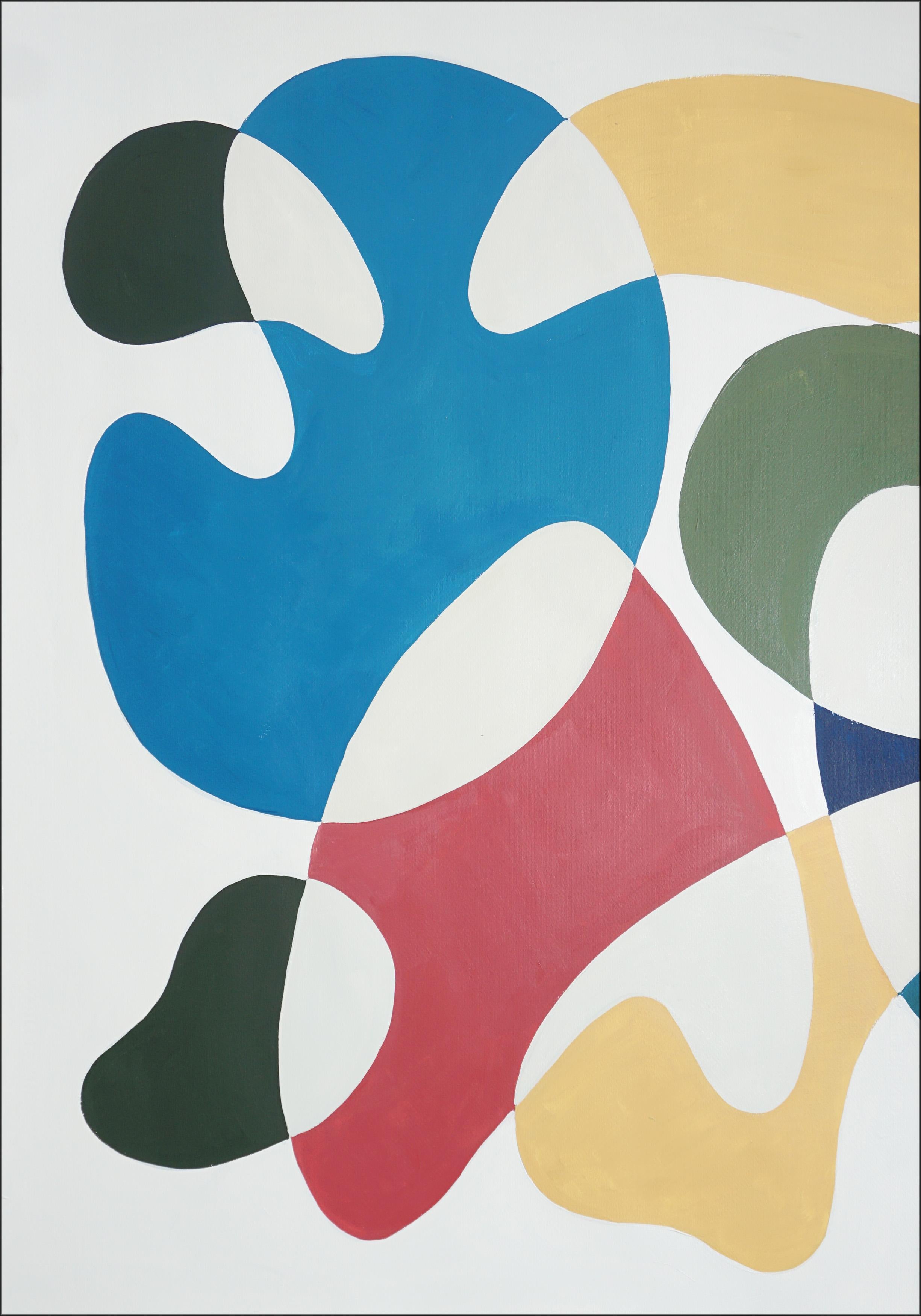 Kurven in Primärfarben, Moderne Formen aus der Mitte des Jahrhunderts, Triptychon, Organische Formen, Papier (Beige), Abstract Painting, von Ryan Rivadeneyra