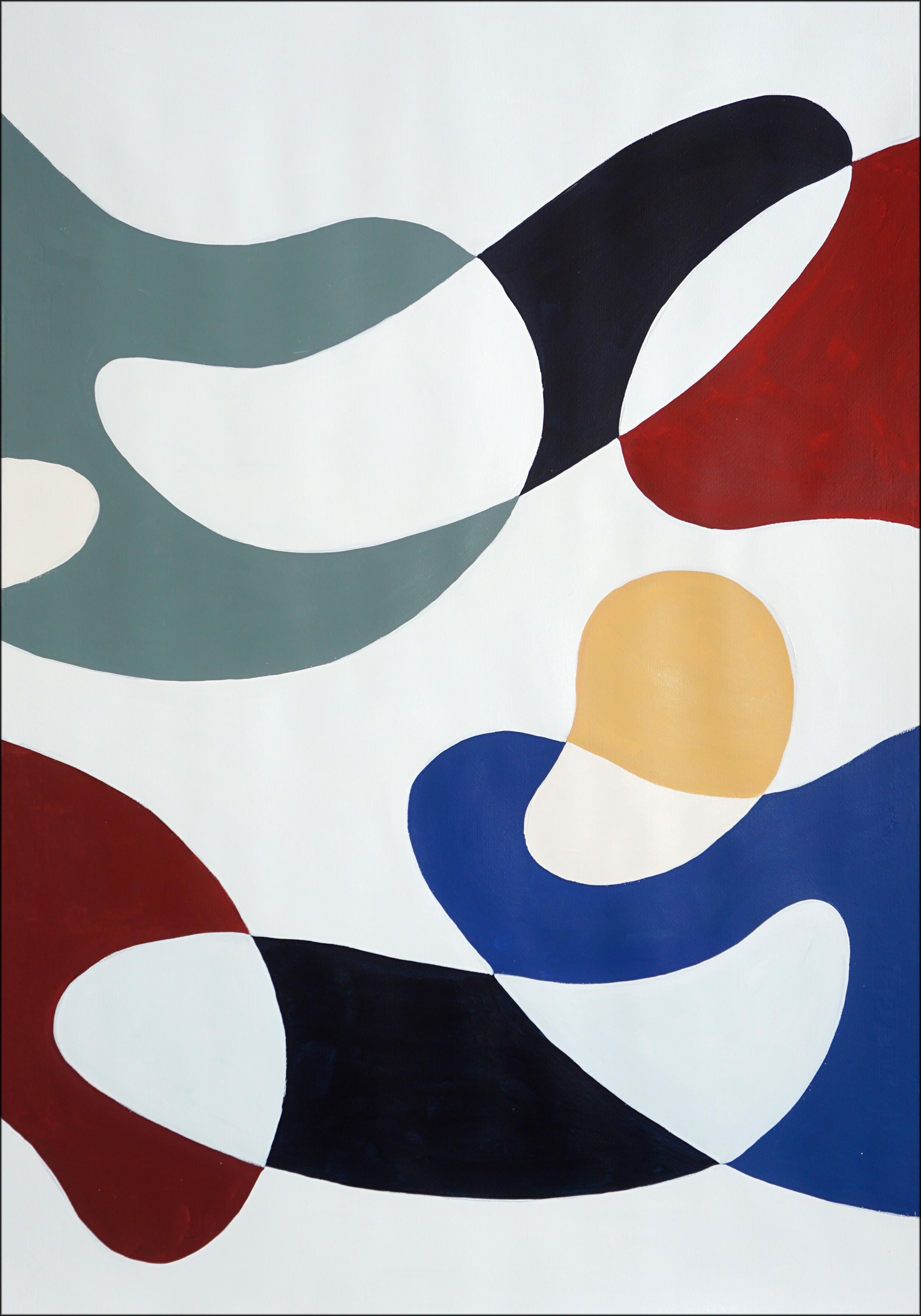 Primary Color Curves is an original painting that presents a lyrical study in movement and form. This large-scale triptych orchestrates a dance of organic silhouettes across a white field, where the negative space becomes as present and active as