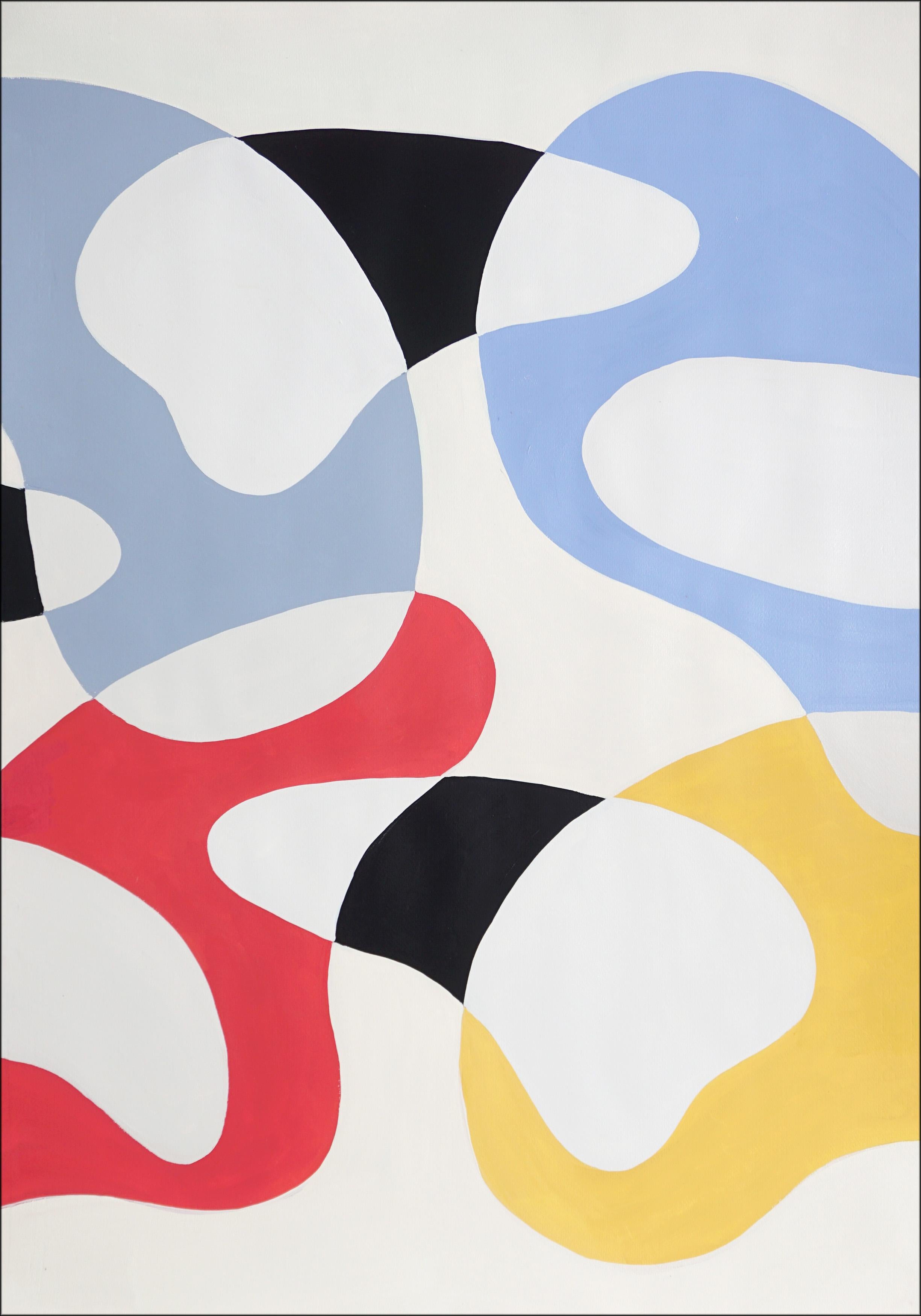 Primary Color Curves IV,  is an original painting that presents a lyrical study in movement and form. This large-scale triptych orchestrates a dance of organic silhouettes across a white field, where the negative space becomes as present and active