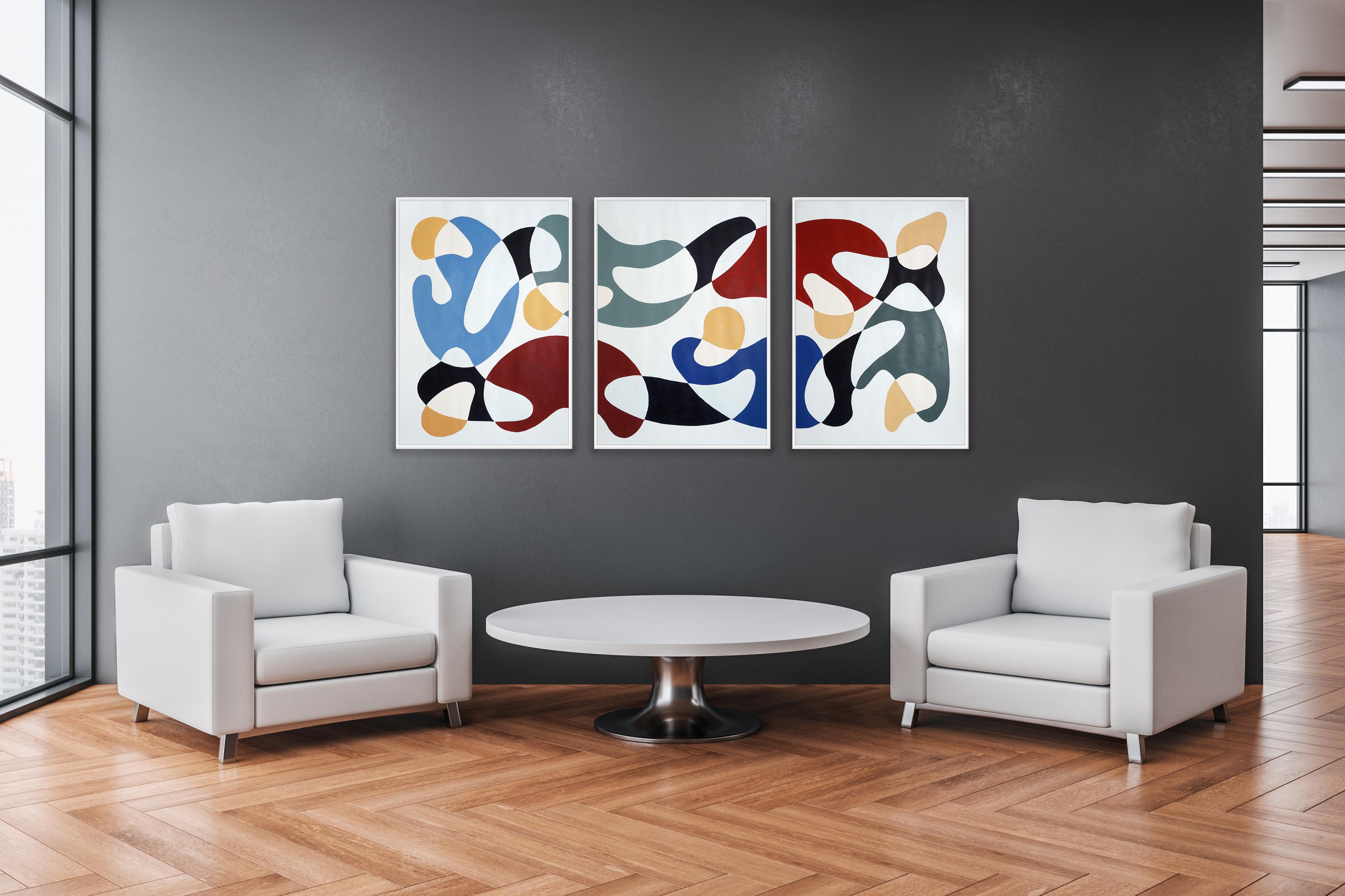 Primary Color Curves, Mid-century Modern Shapes, Triptych, Organic Forms, Paper For Sale 3