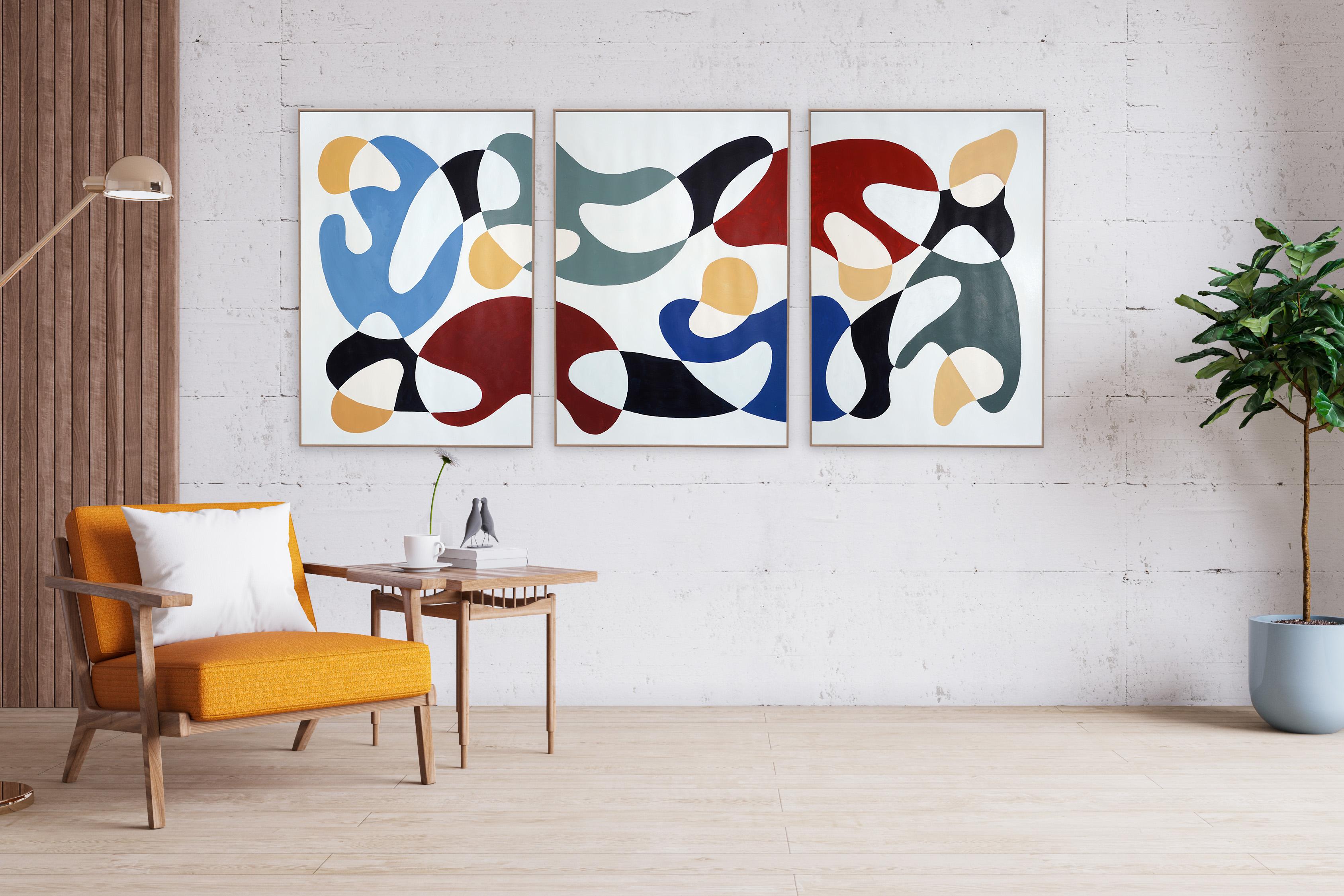 Primary Color Curves, Mid-century Modern Shapes, Triptych, Organic Forms, Paper For Sale 4