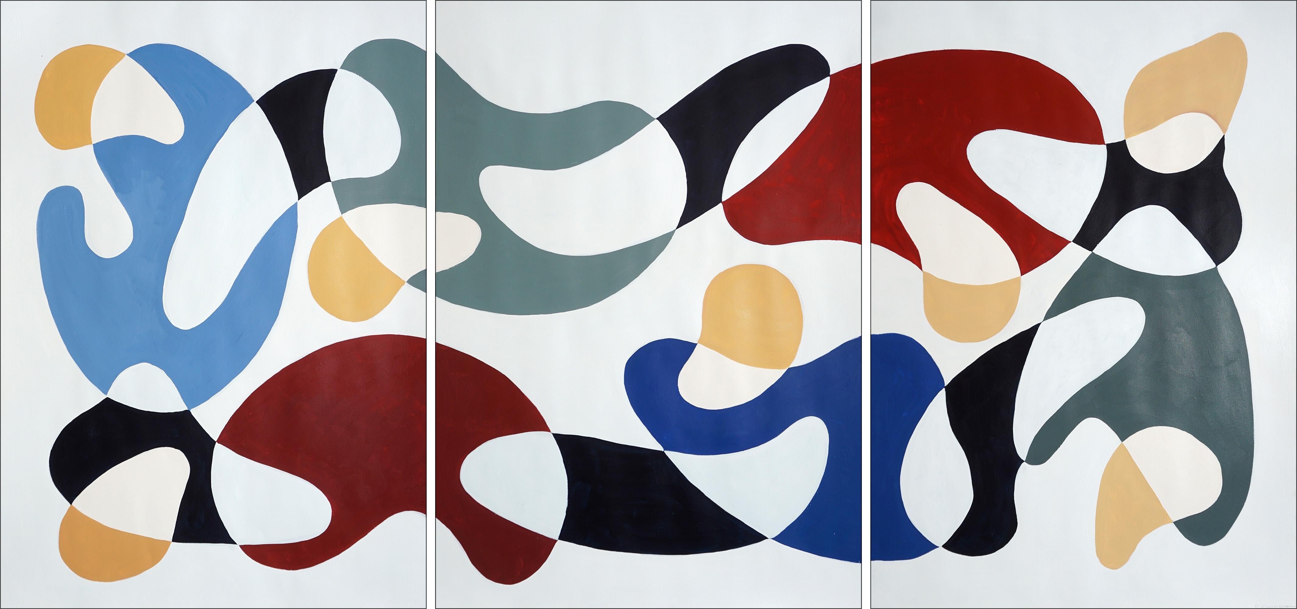 Ryan Rivadeneyra Abstract Painting - Primary Color Curves, Mid-century Modern Shapes, Triptych, Organic Forms, Paper