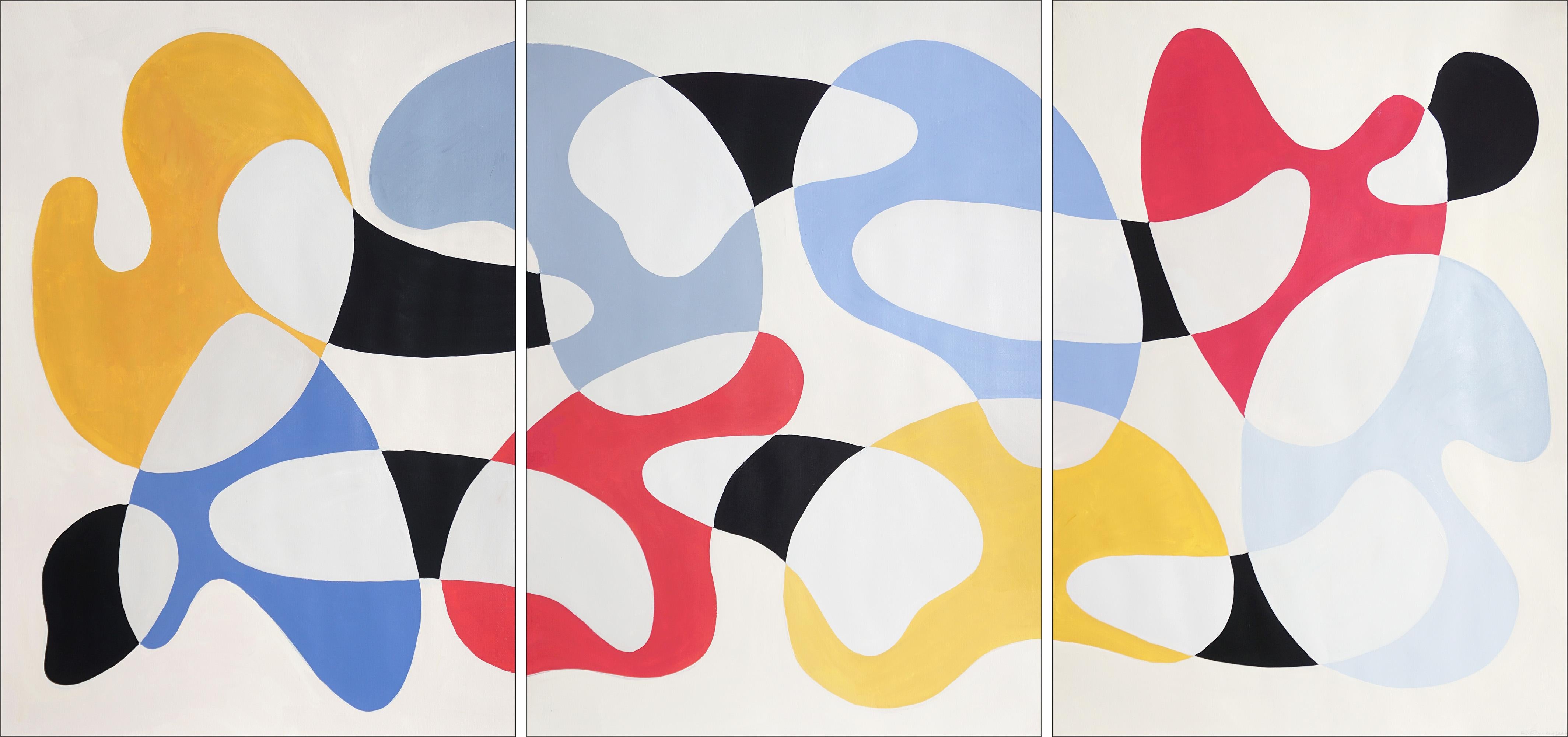 Ryan Rivadeneyra Abstract Painting - Primary Color Curves, Mid-century Modern Shapes, Triptych, Organic Forms, Paper